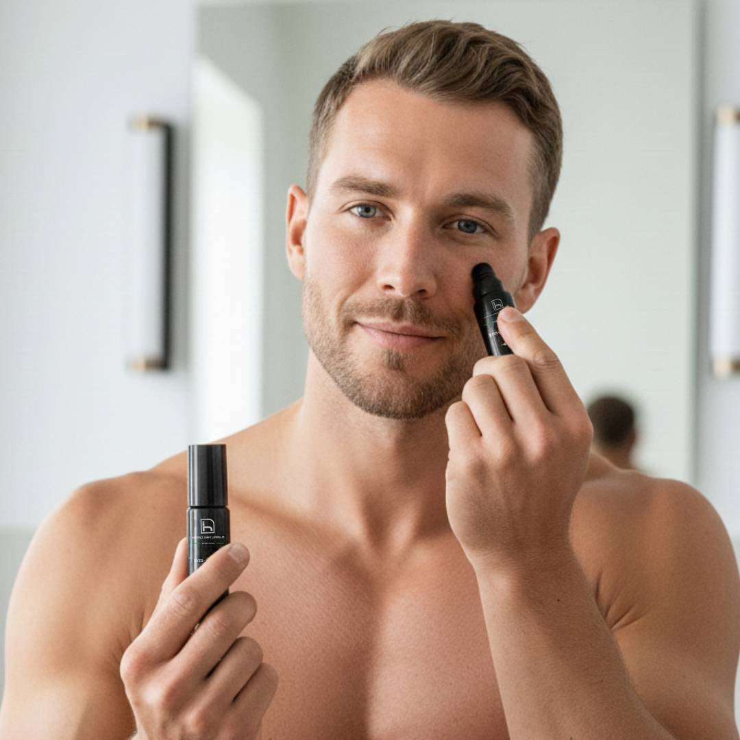 Hombre utilizando el kit de contorno de ojos de Homo Naturals para ayudar a mejorar el aspecto de bolsas, ojeras y patas de gallo durante su rutina de cuidado facial.
