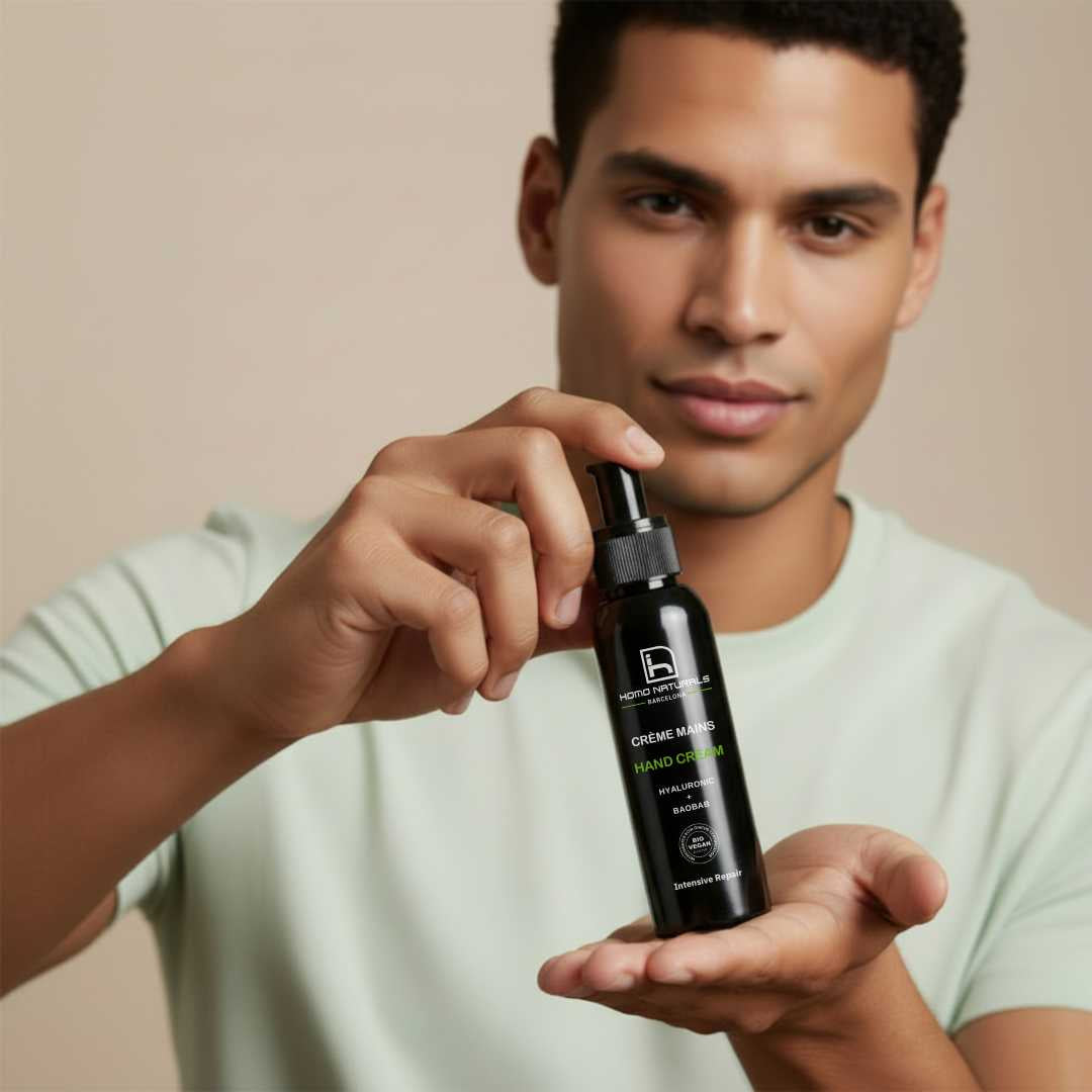 Imagen de un hombre mostrando la crema de manos natural para hombre, de Homo Naturals. Formulada sin derivados del petróleo. Con certificación ecológica y vegana. Sin parabenos. Con aloe vera, ácido hialurónico y Baobab, gran reparador de manos secas y agrietadas.