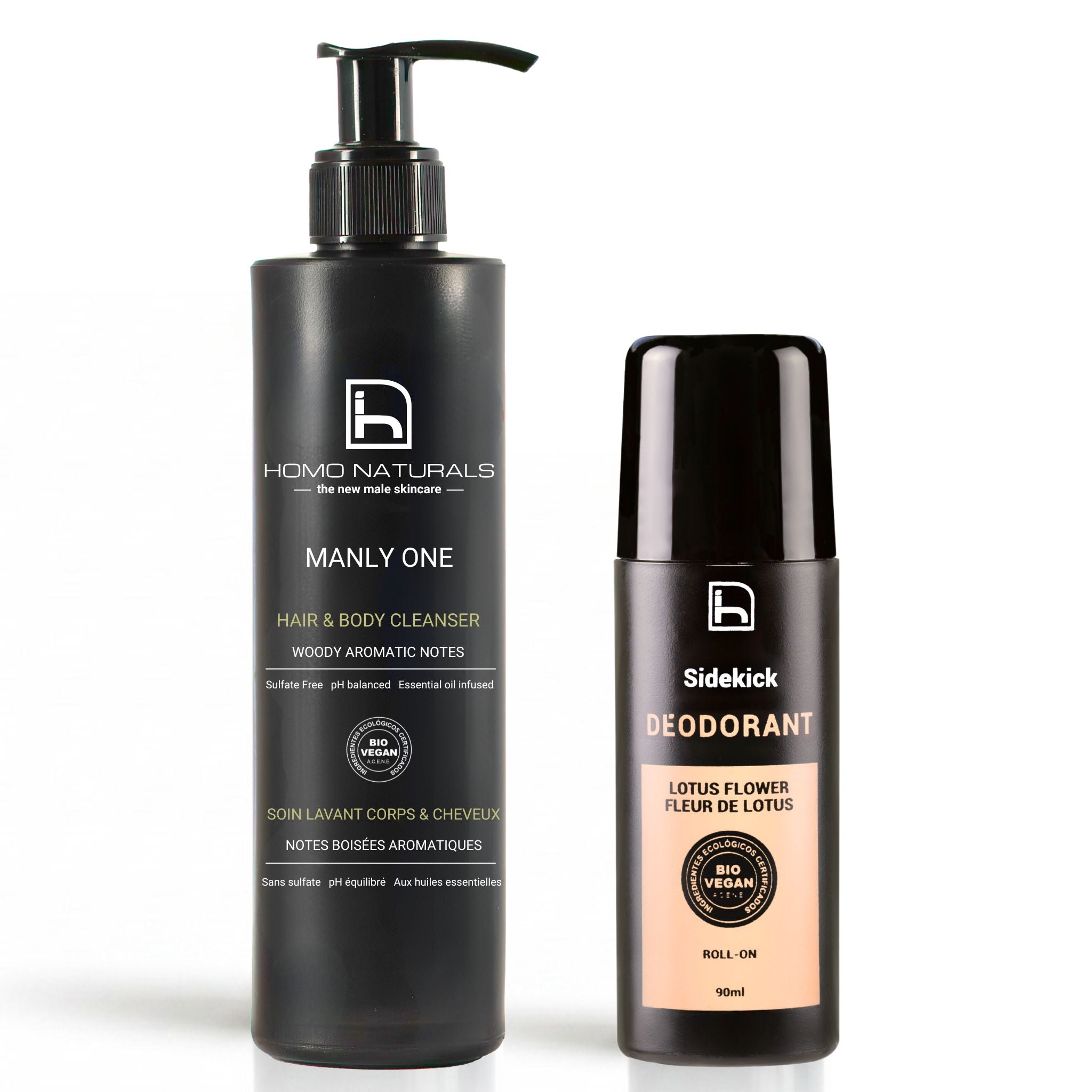 Gel de ducha sin sulfatos y desodorante natural para hombre para una rutina corporal eficaz y respetuosa.