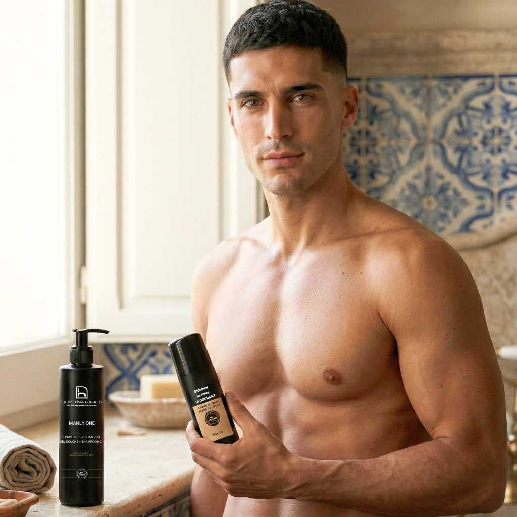 Gel de ducha sin sulfatos y desodorante natural para hombre para una rutina corporal eficaz y respetuosa.