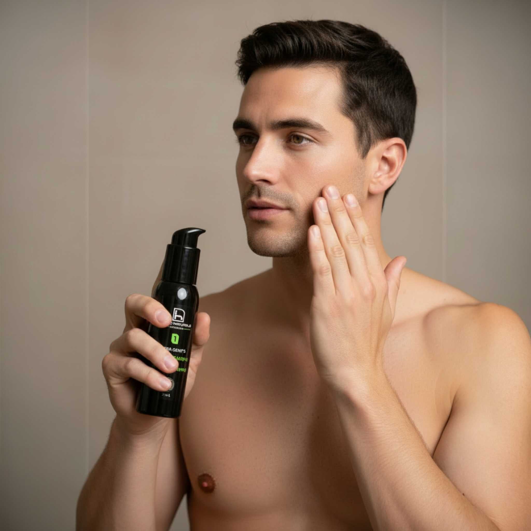 Hombre mostrando Extra Gent's de Homo Naturals, limpiador facial y crema de afeitado natural 2 en 1 sin sulfatos, formulado para limpiar y afeitar respetando la piel del hombre. Con certificación ecológica y vegana. Ideal para piel grasa, piel mixta, piel normal y piel seca.