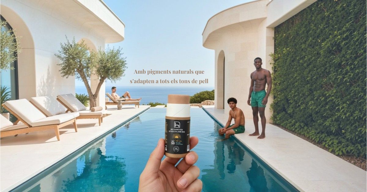 Infografia del protector solar spf 50 amb filtre físic/mineral que no deixa rastre blanc. Amb pigments vegetals que camuflen el blanc del filtre mineral amb un toc de color universal que sʻadapta a qualsevol to de pell.