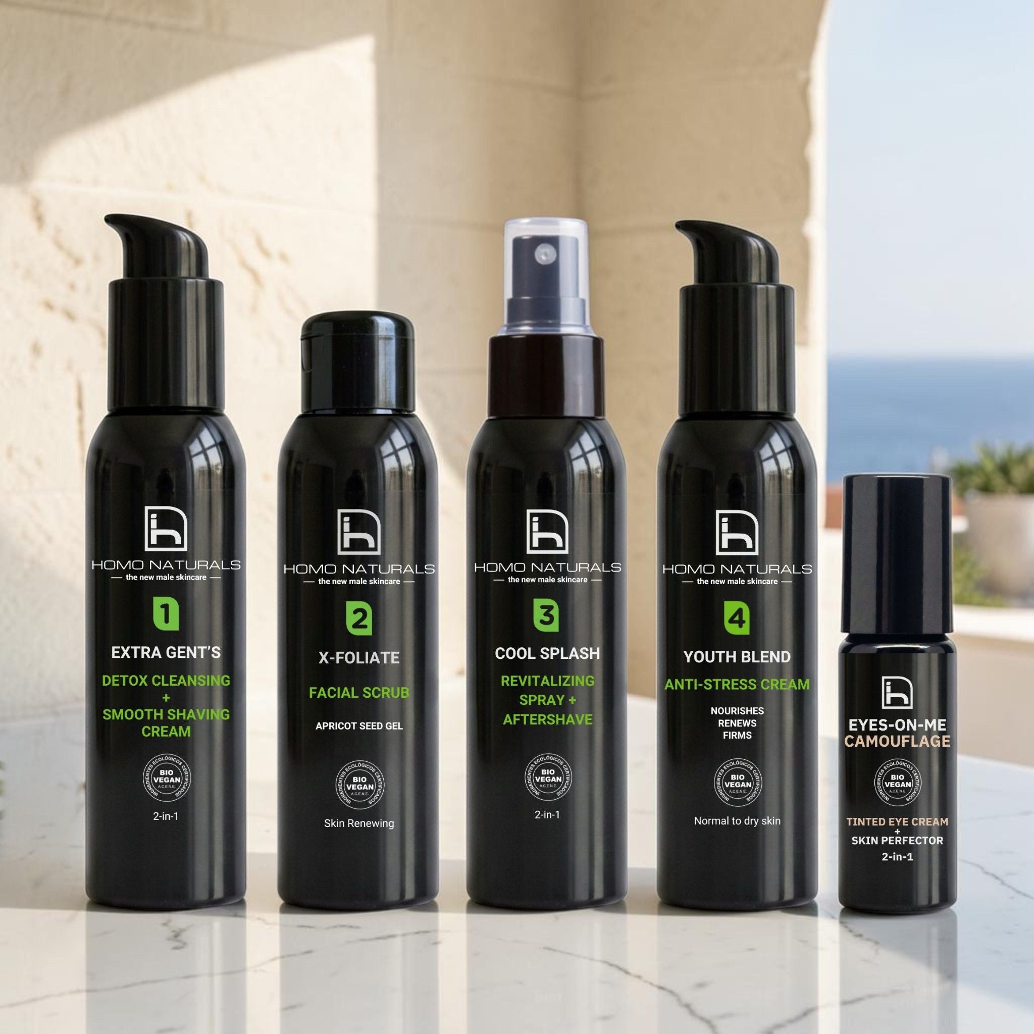 Rutina de cuidado facial en 4 pasos para hombre + corrector de ojeras. Contiene tratamiento + toque de color para camuflar las ojeras al instante. Productos naturales con certificación bio + vegan. El objetivo de esta rutina es conseguir una piel más uniforme, con mejor aspecto, reduciendo las arrugas y líneas de expresión, así como las ojeras y consiguiendo un aspecto visiblemente más joven.