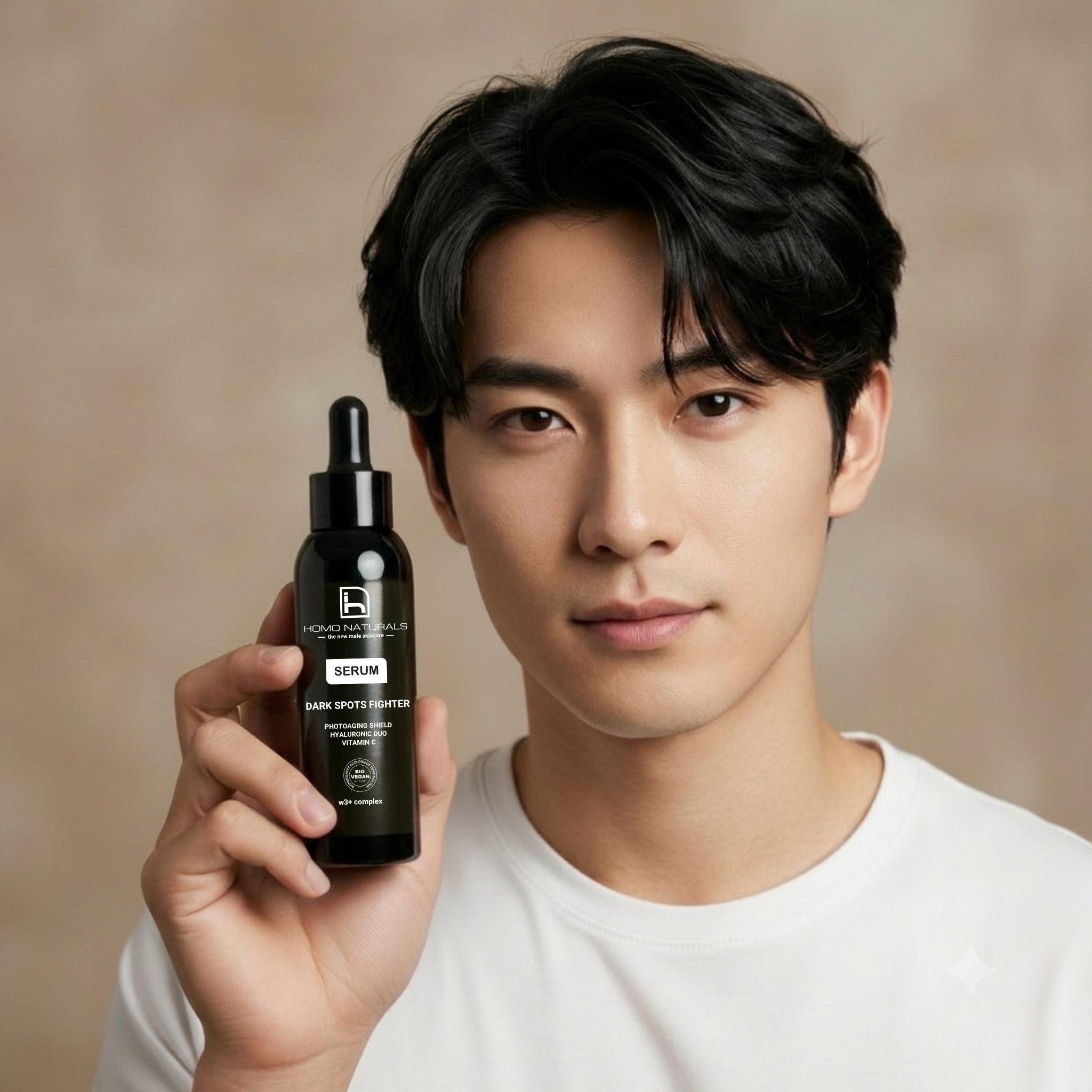 Serum antiedad para hombre con ácido hialurónico, vitamina C y activos antimanchas. Sin parebenos ni otros derivados del petróleo. Natural, ecológico y vegano.