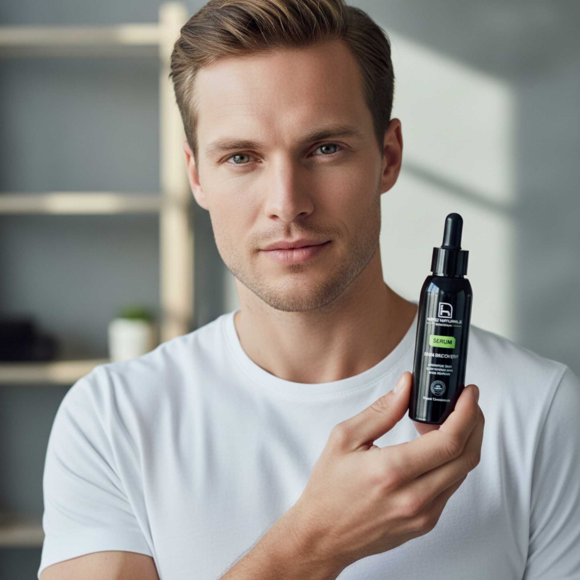 Hombre mostrando Skin Recovery Serum de Homo Naturals, sérum facial para hombre diseñado para ayudar a mejorar el aspecto de los poros y favorecer una piel más uniforme. Producto natural con certificación ecológica y vegana. Sin derivados del petróleo. Con Niacinamida y centella asiática. Gran antiedad para pieles sensibles o enrojecidas y pieles acneicas. Contiene prebiótico.