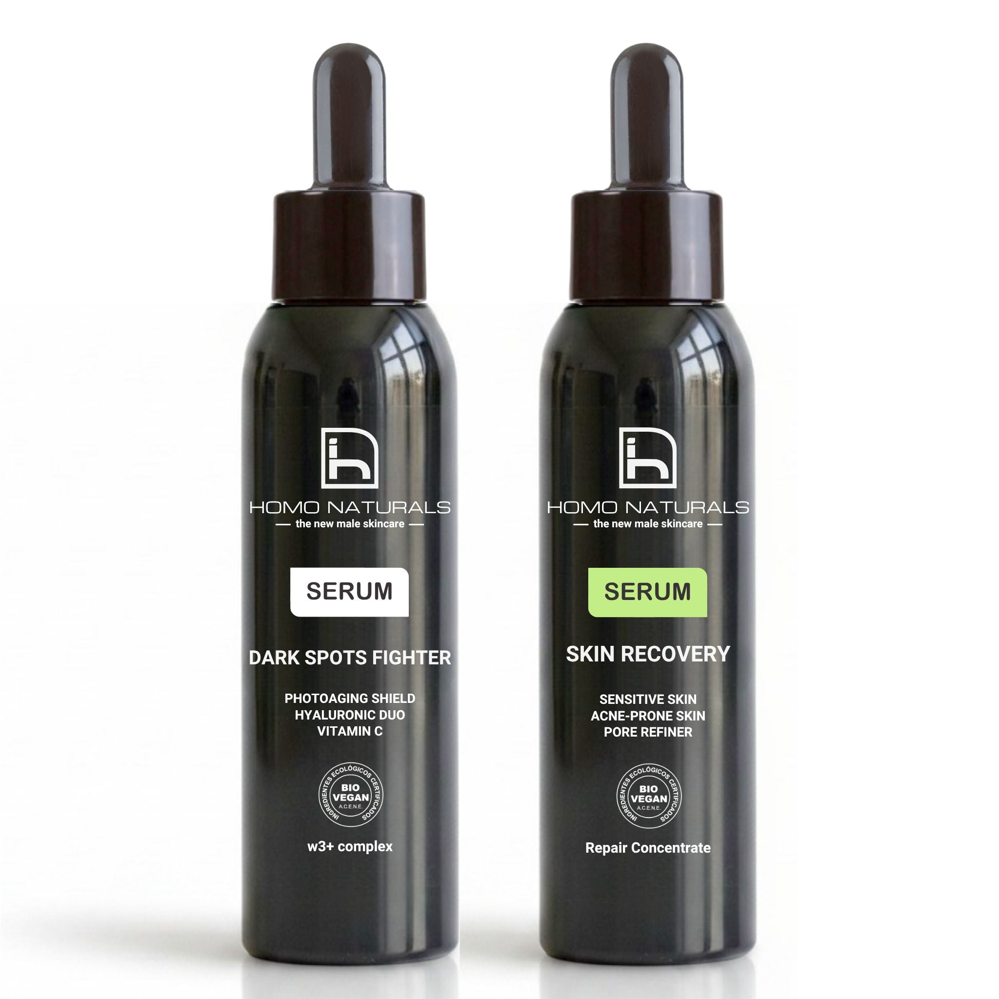 Serums antiedad para hombre de Homo Naturals. Con acido hialuronico. Función antimanchas, afinador de poros, pieles sensibles y acneicas. Naturales, ecologicos y veganos.