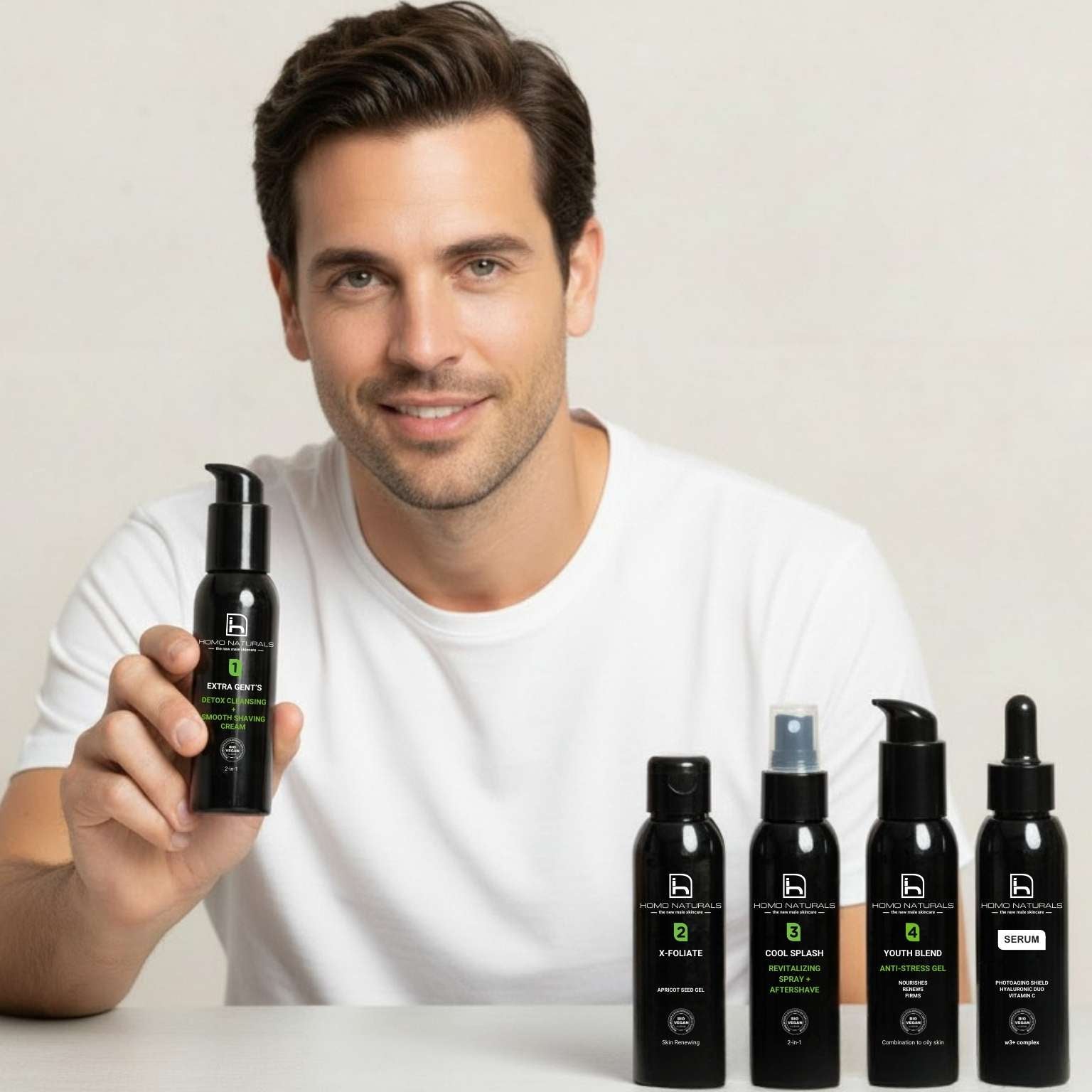 Tratamiento facial antiedad para hombre con sérum y crema antiarrugas que ayuda a mejorar firmeza y textura de la piel.