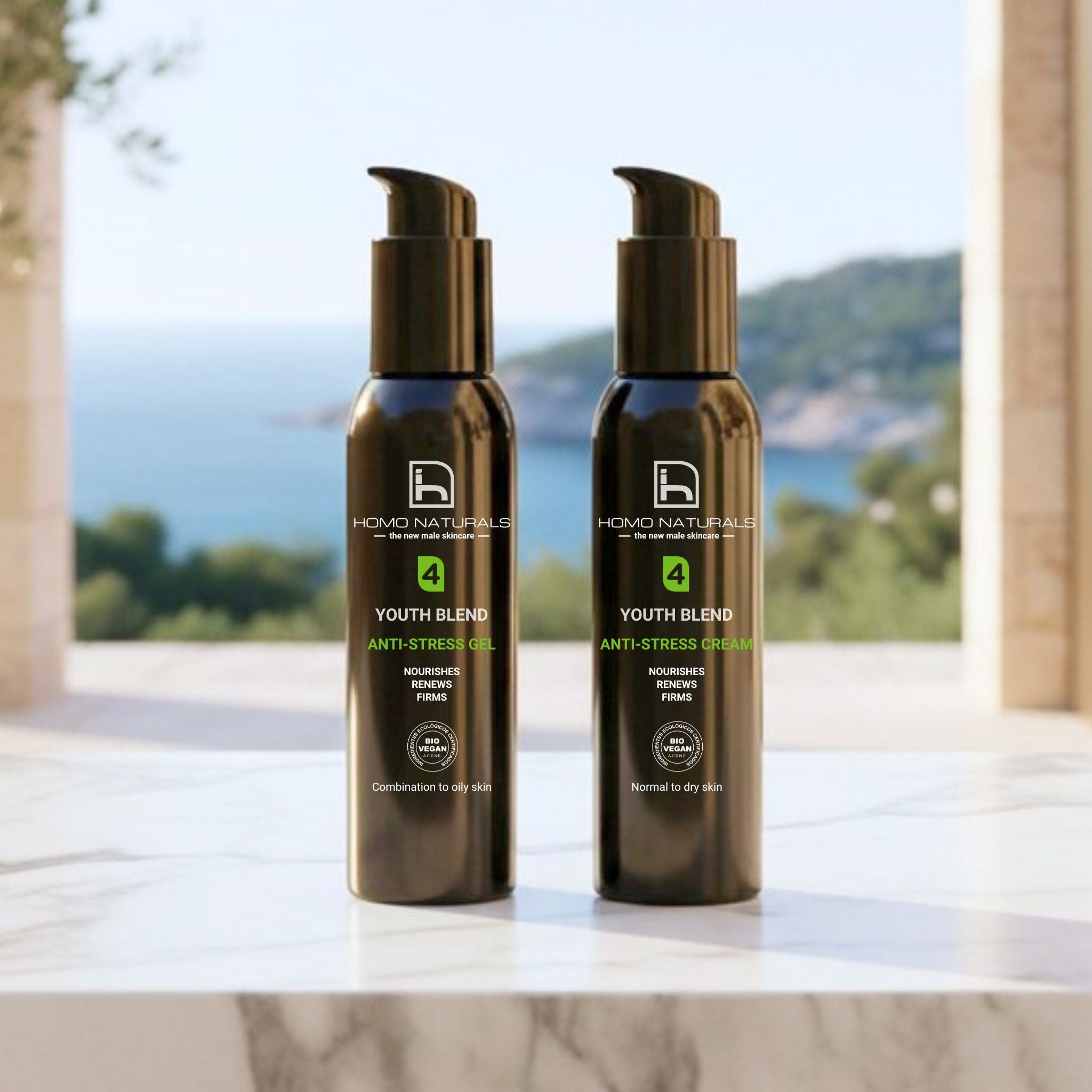 Kit antiedad 365 de Homo Naturals, cosmética masculina natural. Contiene dos productos: gel y gel crema antiedad, ideal para todo tipo de pieles y poderlas combinar durante todo el año, así como en una rutina de cuidado facial mañana + noche.