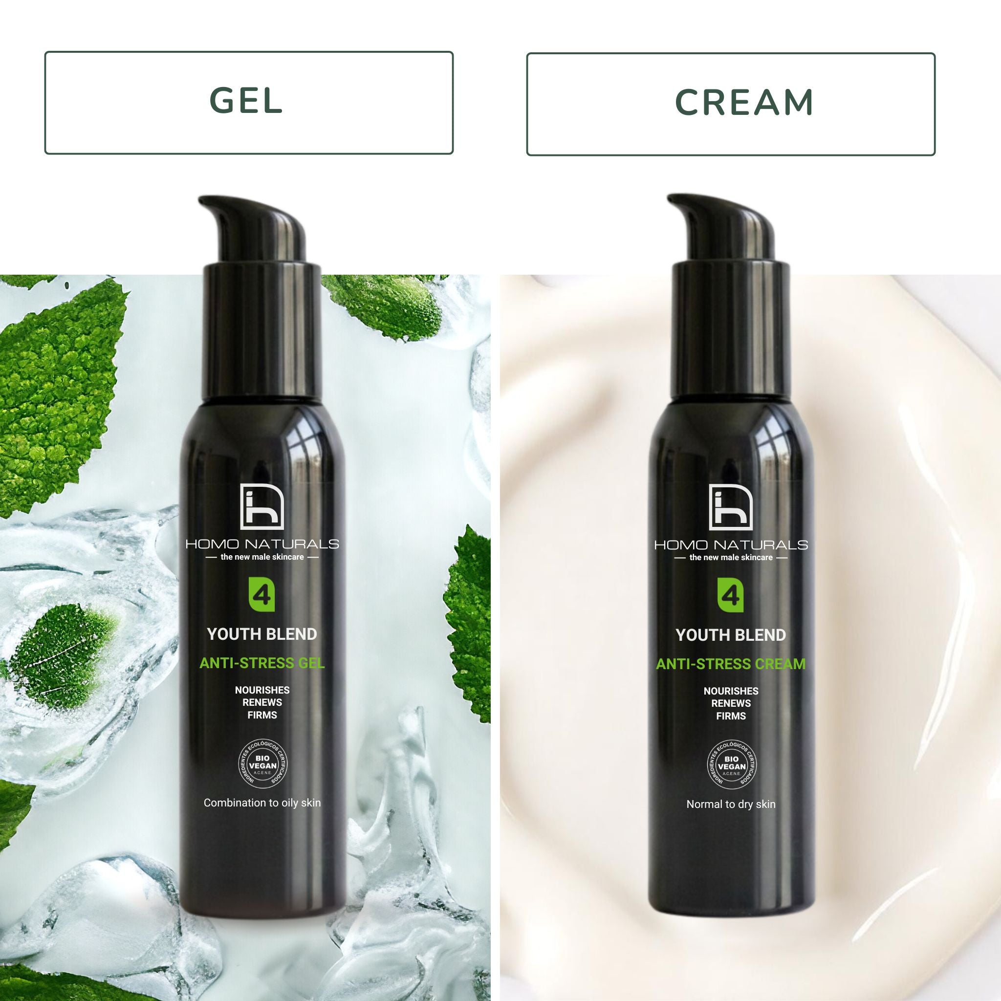 Comparativa de las texturas gel y crema facial de Homo Naturals para ayudar a elegir la opción más adecuada según el tipo de piel. Gel para piel mixta grasa o ideal verano, y crema para piel normal o seca, o ideal en invierno. Cremas naturales, ecológicas con ácido hialurónico, bakuchiol y péptidos formuladas para la piel del hombre. Sin parabenos, sin derivados del petróleo. Con certificación ecológica y vegana.