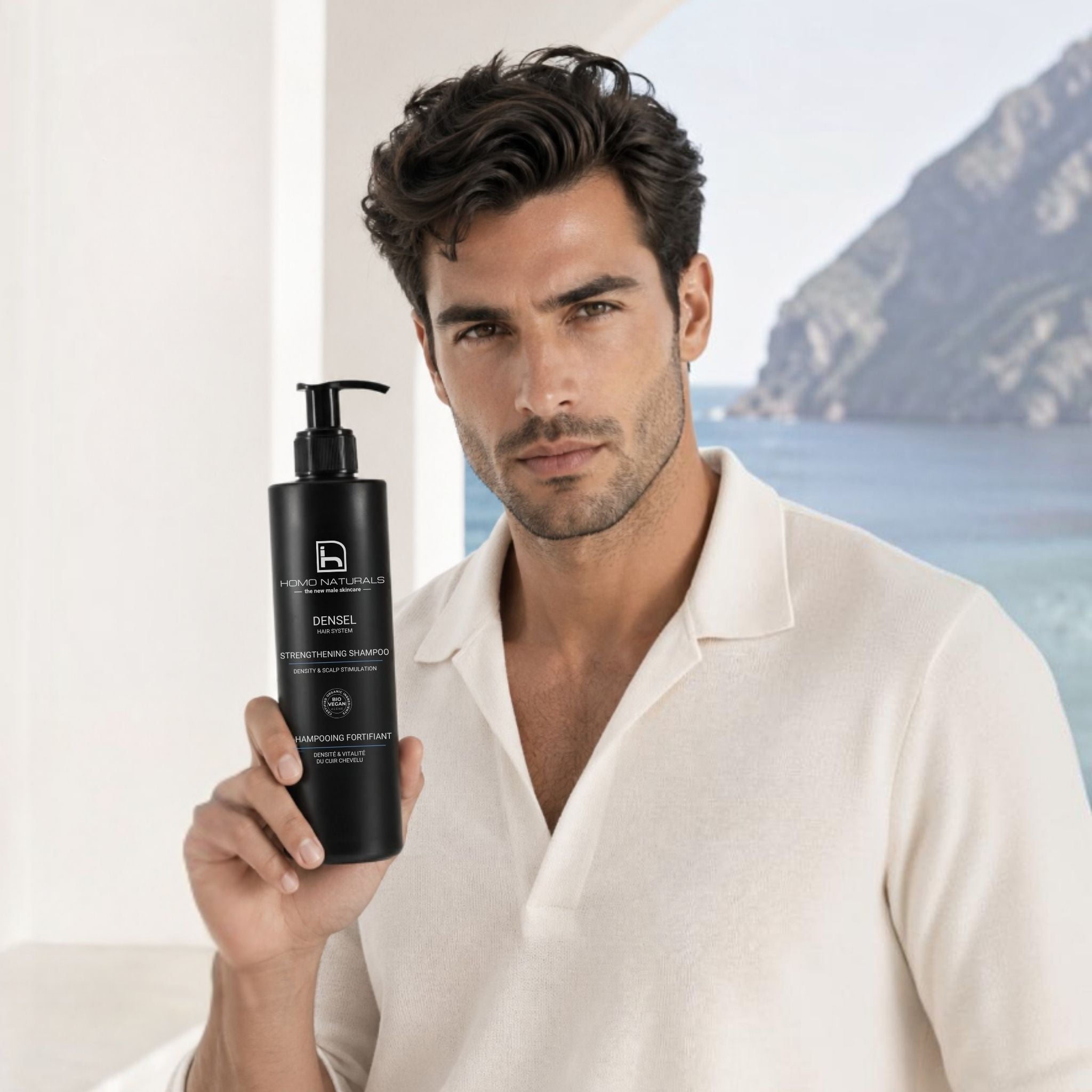 Hombre sosteniendo DENSEL Hair System Shampoo para el cuidado del cabello fino, debilitado y con tendencia a la caída.