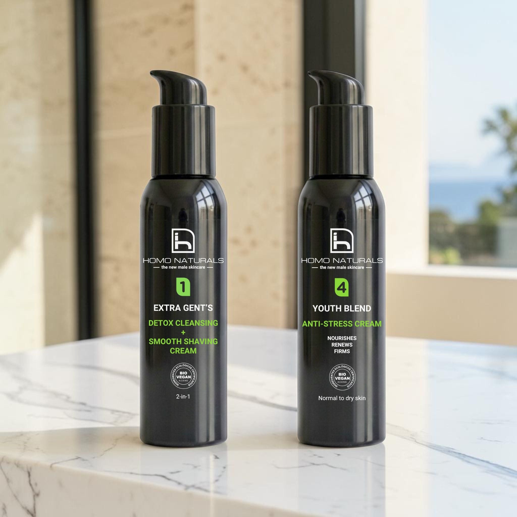 Imagen con 2 productos de Homo Naturals de cuidado facial. Contiene un limpiador facial sin sulfatos y una crema antiarrugas. Productos premium y naturales con certificación bio + vegan.