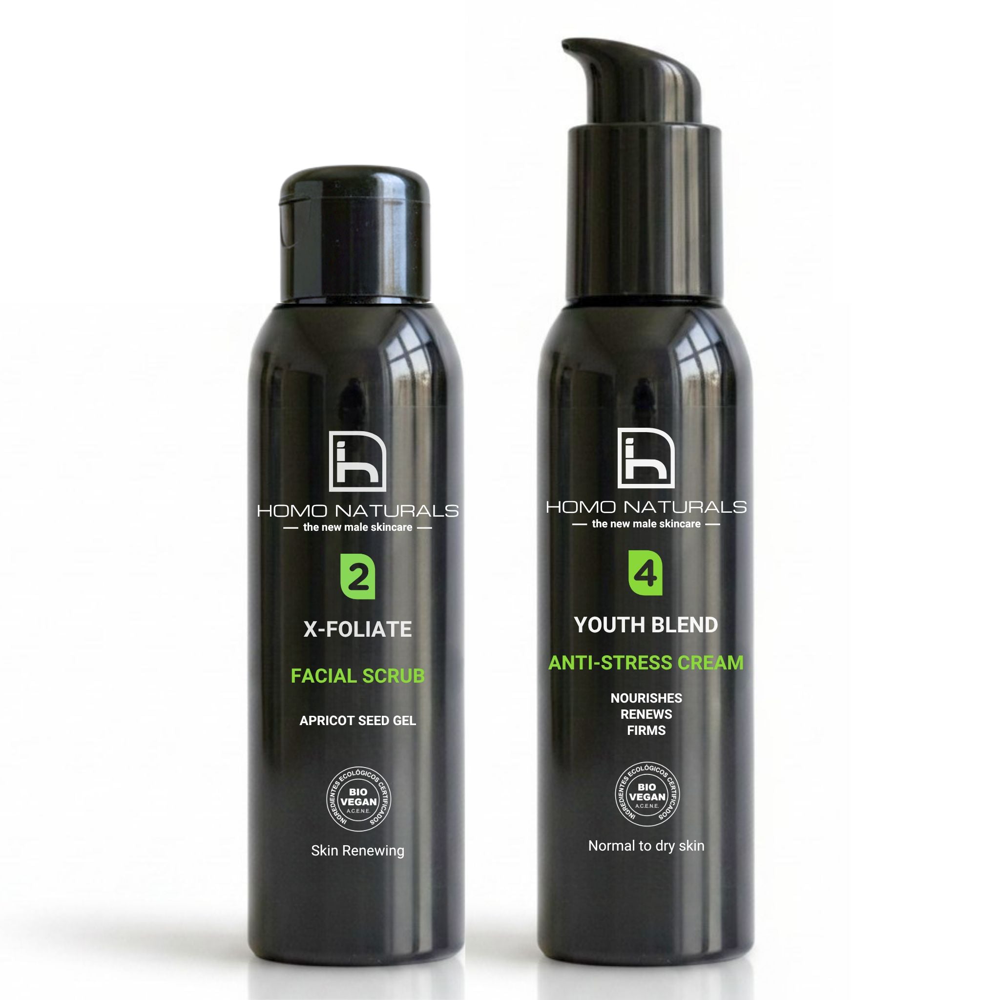 Kit de cuidado facial para hombre de Homo Naturals con exfoliante facial X-FOLIATE y crema antiedad Anti-Stress para ayudar a mantener una piel con mejor aspecto.