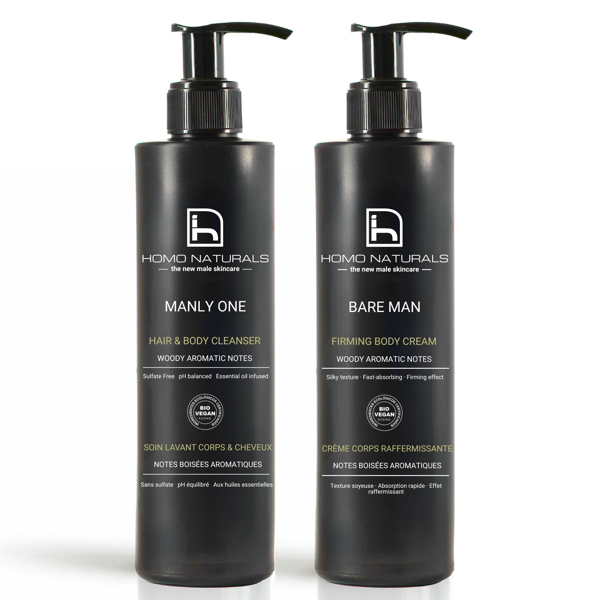Kit de cuidado corporal para hombre de Homo Naturals con gel de ducha natural y crema corporal para limpiar e hidratar la piel en una rutina diaria completa. Productos con certificación bio + vegan.