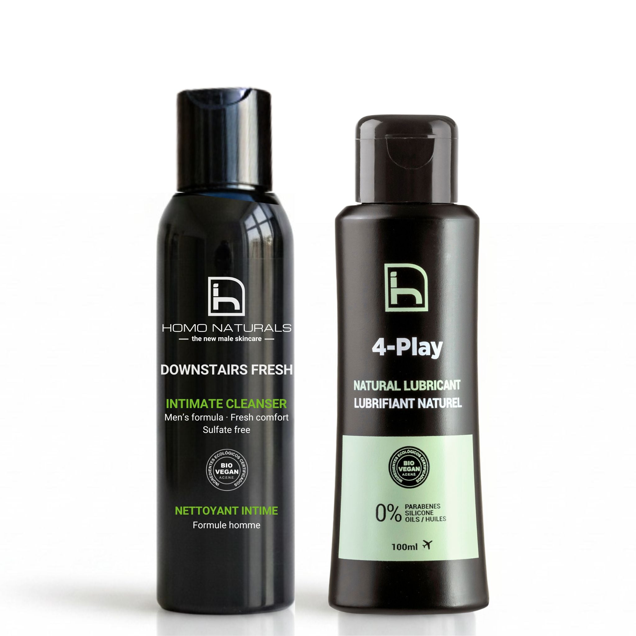 Pack de higiene íntima para hombre de Homo Naturals con jabón íntimo y lubricante natural de base agua para una rutina de higiene y bienestar íntimo masculino.