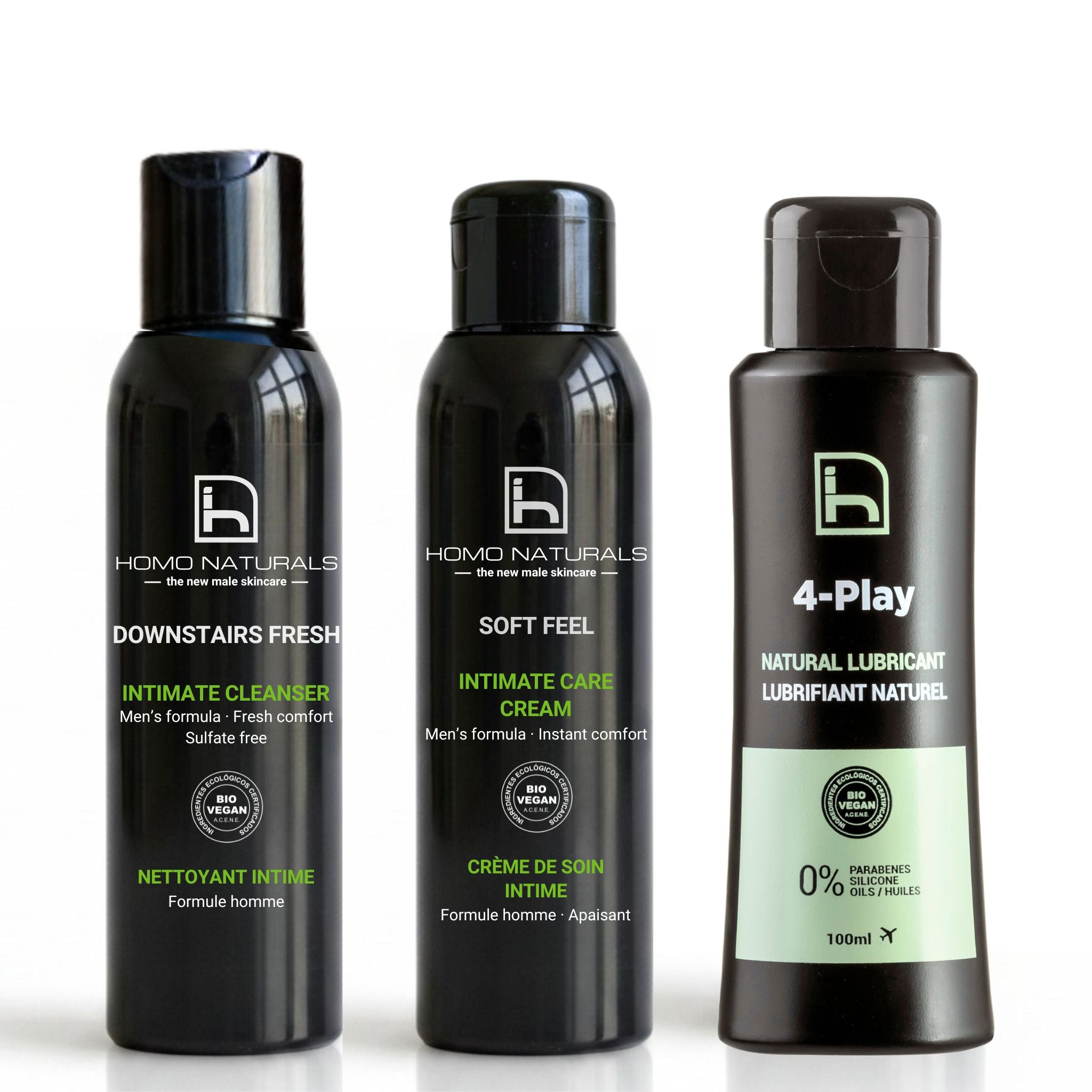 Pack de cuidado íntimo completo para hombre de Homo Naturals con jabón íntimo, crema íntima reparadora y lubricante natural para una rutina integral de higiene, cuidado y bienestar íntimo masculino.