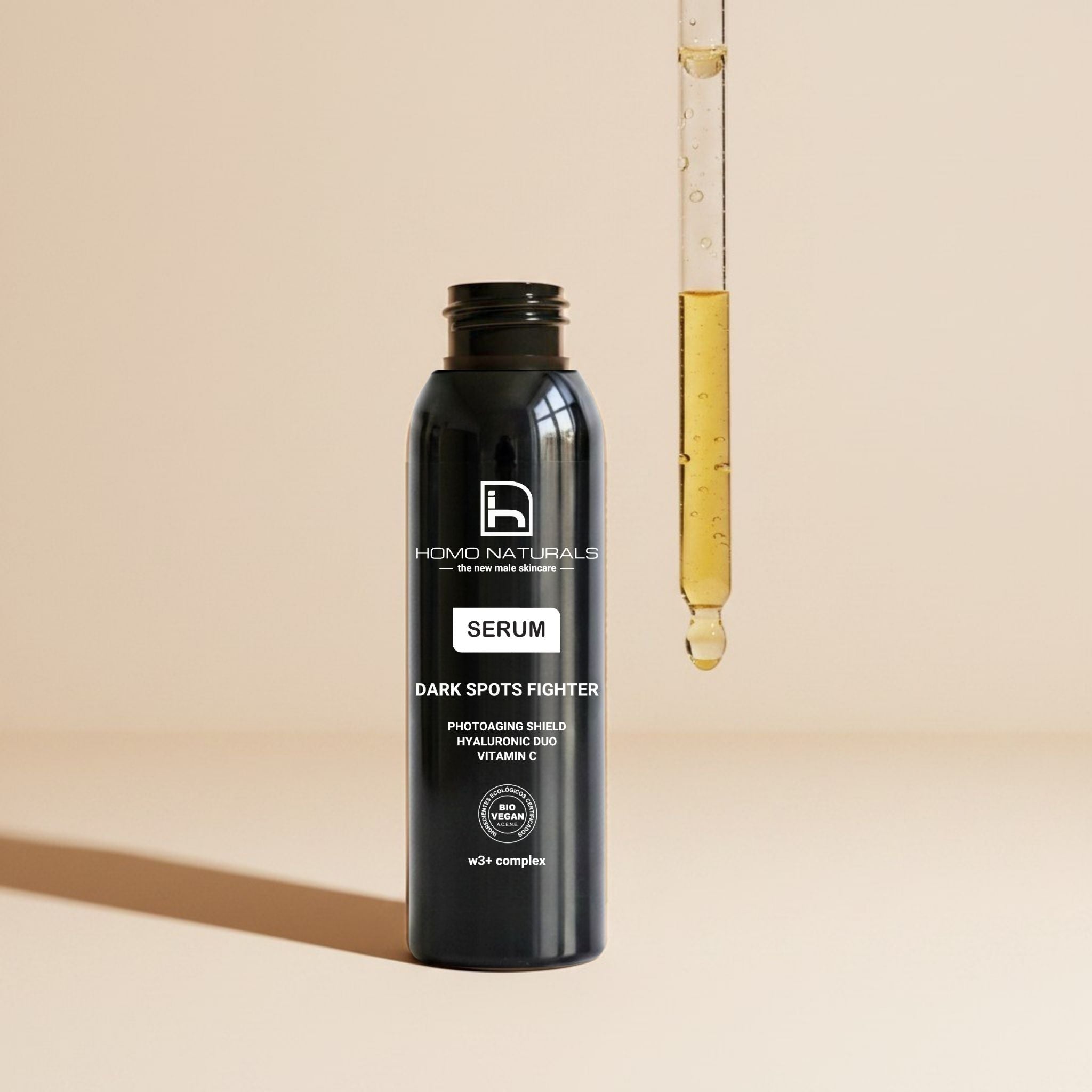 Textura oil-free del sérum antiedad y antimanchas para hombre con rápida absorción y acabado no graso, Dark Spots Fighter de Homo Naturals.