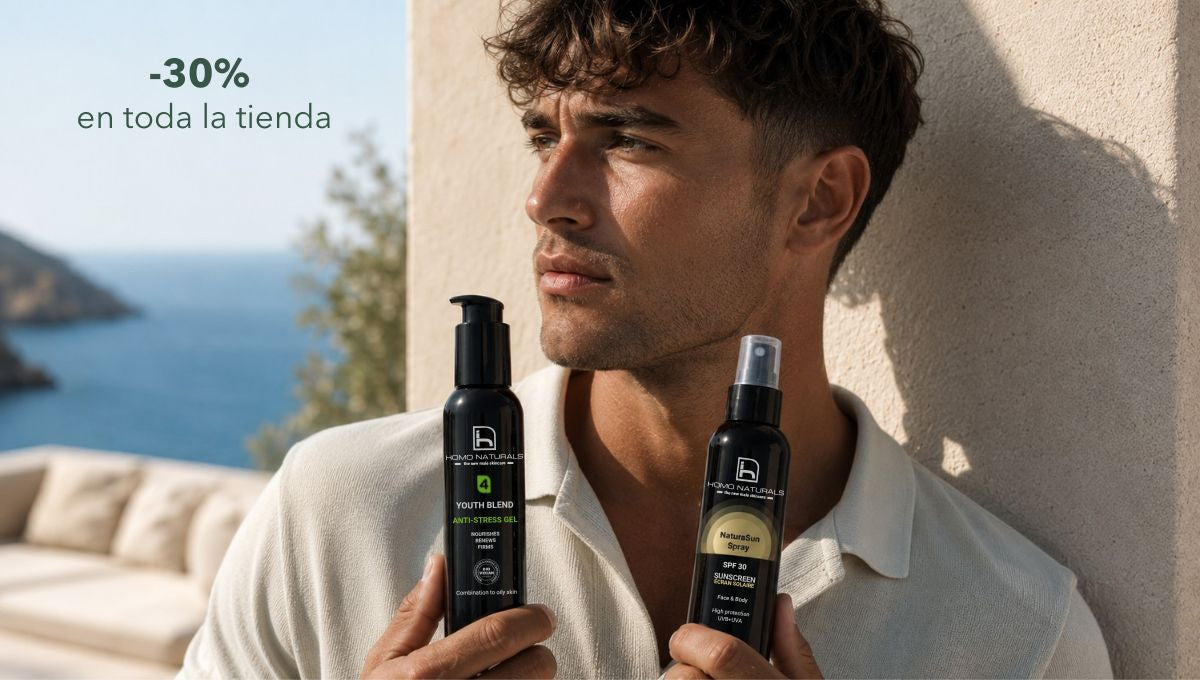 Cosmética masculina - Promoción summer sale 2026. 30% de descuento en todos los productos de Homo Naturals hasta el 10 de julio.