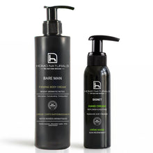 Kit de crema corporal y crema de manos de Homo Naturals para hombre. Productos naturales para la piel del hombre, con certificación bio + vegan.