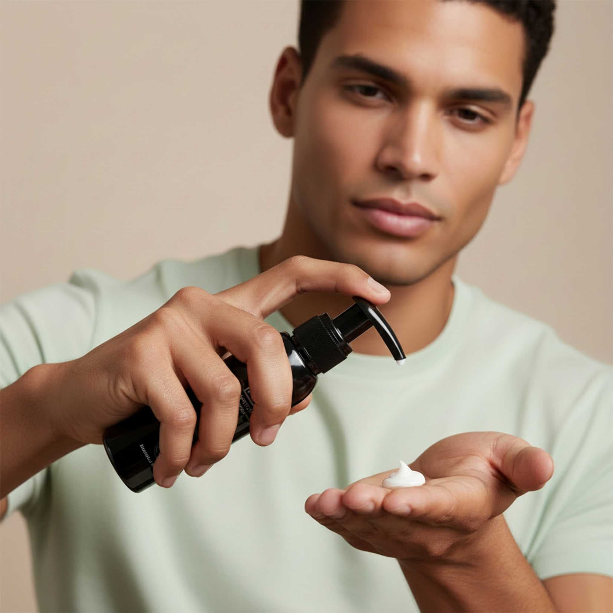 Imagen de un hombre usando la crema de manos natural para hombre de la marca Homo Naturals. Sin parabneos. Con ácido hialurónico, aloe vera y Baobab, gran reparador de manos agrietadas. Con certificación ecológica y vegana.