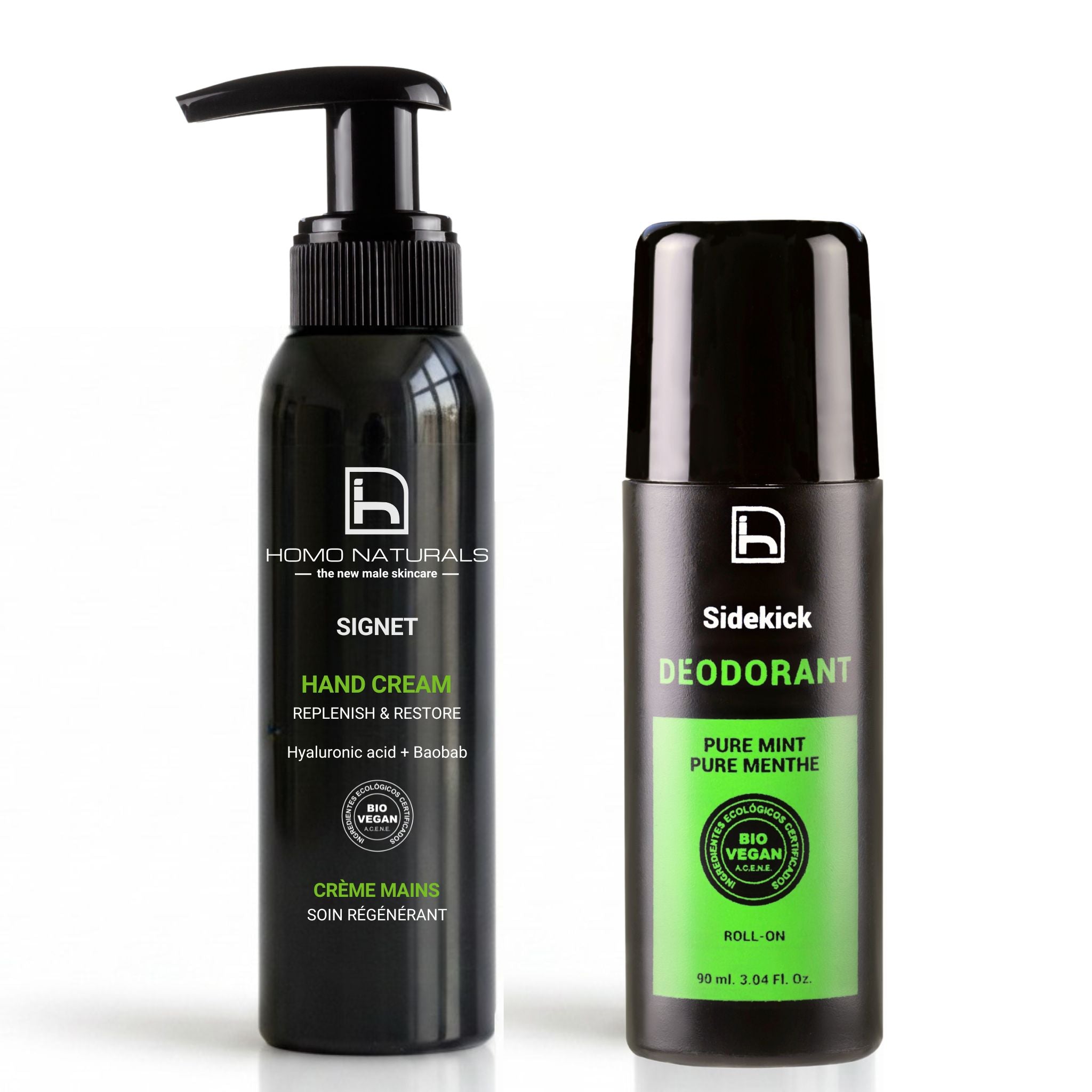 Kit de Homo Naturals con desodorante natural Sidekick Pure Mint y crema de manos Signet formulados para el cuidado diario de la piel del hombre.
