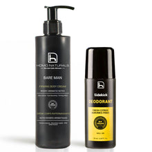 Cuidado corporal para hombre con el kit de crema corporal y desodorante natural sin aluminio. Productos naturales sin derivados del petróleo y sin disruptores endocrinos. 