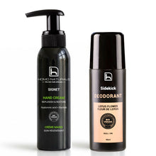 Kit de cuidado personal para hombre de Homo Naturals con desodorante natural Sidekick Lotus Flower y crema de manos Signet para ayudar a proteger e hidratar la piel.