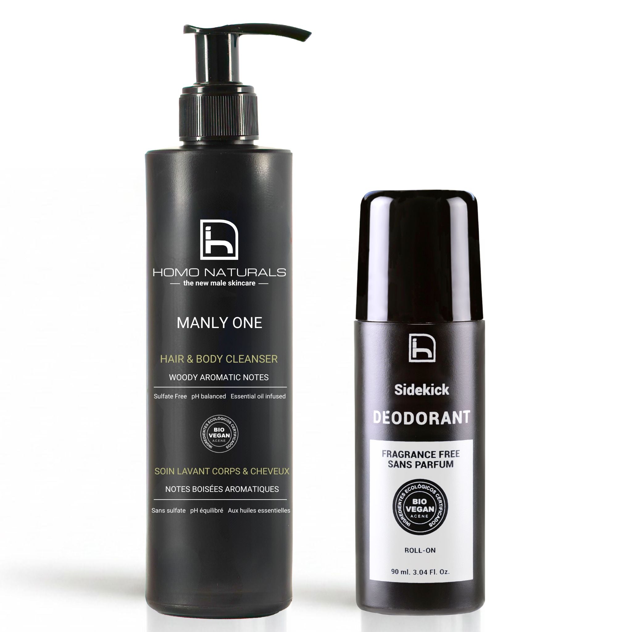 Desodorante sin perfume y gel de ducha natural para hombre.