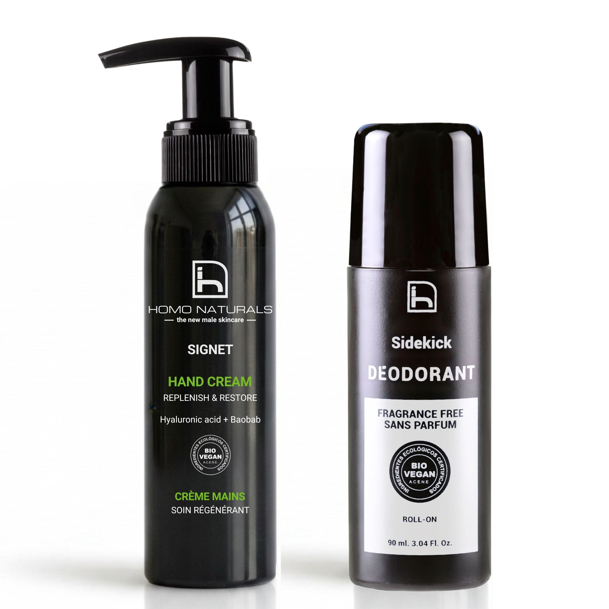 Kit para hombre de Homo Naturals con desodorante natural sin fragancia y crema de manos Signet para el cuidado diario de la piel.