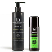 Desodorante natural sin aluminio y gel de ducha sin sulfatos para hombre de Homo Naturals. Cosmética natural masculina.