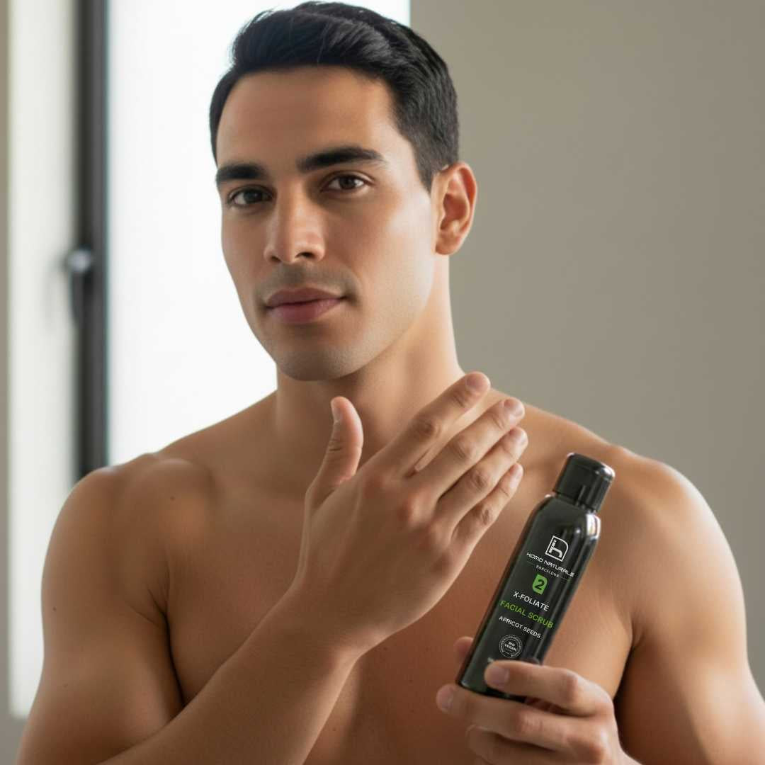 Hombre mostrando X-FOLIATE de Homo Naturals, exfoliante facial para hombre formulado con partículas naturales de albaricoque para una exfoliación eficaz y respetuosa con la piel del hombre. Con aloe vera bio, manzanilla bio y caléndula bio. Sin microplásticos. Sin derivados del petróleo. Certificado ecológico y vegano.