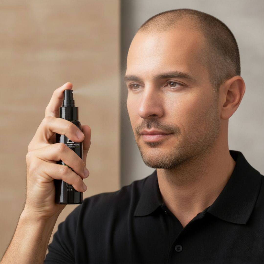 Hombre aplicando Cool Splash de Homo Naturals sobre el rostro para refrescar, tonificar y ayudar a recuperar el confort de la piel después de la limpieza facial. Ideal para equilibrar pieles grasas. Sin alcohol. Con certificación ecológica y vegana. Con extracto de menta para tonificar y refrescar. Oil-free.
