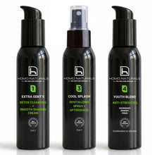 Tratamiento facial para hombre de la marca Homo Naturals, compuesto de limpiador facial, tónico revitalizante en spray y gel o crema antiedad según el tipo de piel. Tres productos ideales para uso diario. Fórmulas naturales con certificación bio + vegan para conseguir una piel más cuidada, hidratada, con aspecto más rejuvenecido y menos arrugas visibles.