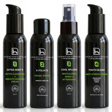 Kit tratamiento facial antiedad hombre. Limpiador facial, exfoliante, tónico y crema antiarrugas natural y ecológica para hombre.