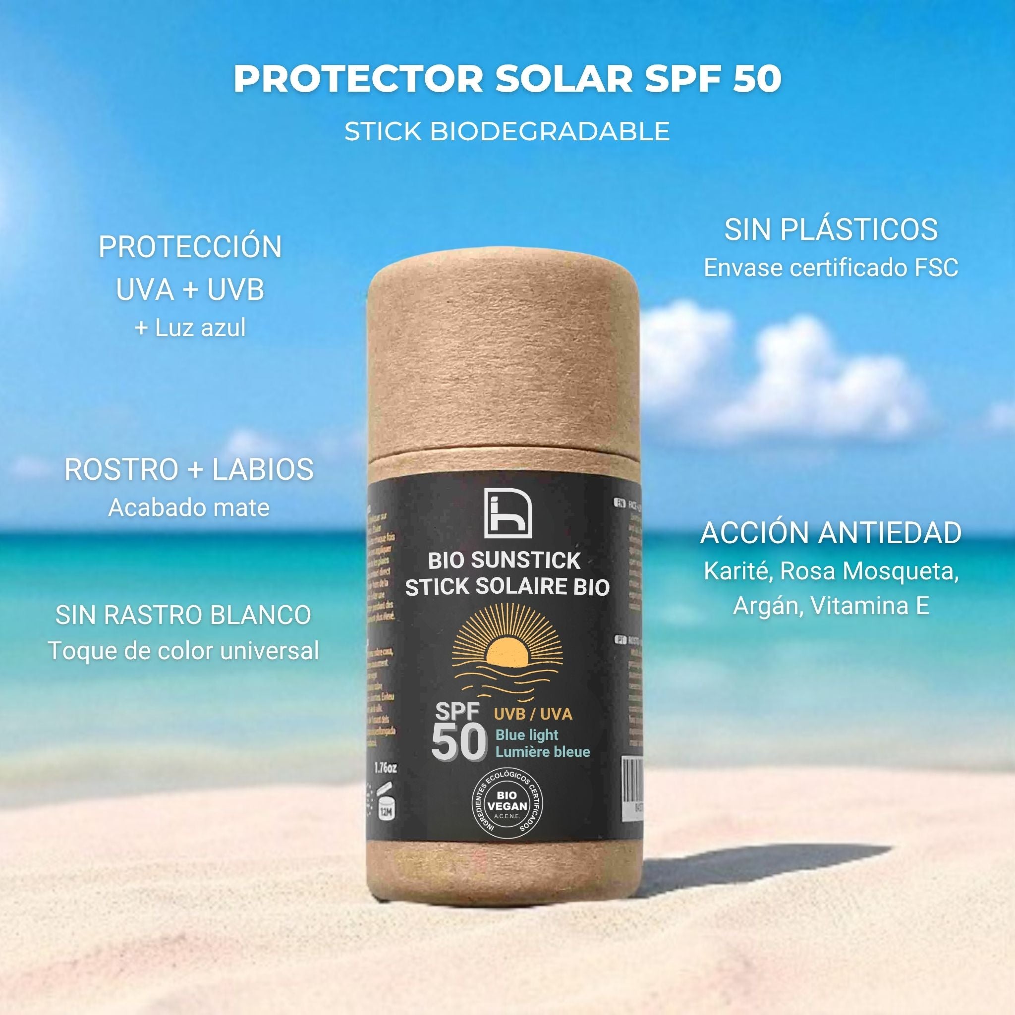 Imagen del protector solar spf 50 en stick biodegradable de Homo Naturals. Envase sin plásticos. Protección UVA, UVB y luz azul. No deja rastro blanco, gracias a los pigmentos vegetales que se adaptan a todo tipo de piel. Sin perturbadores endocrinos. Certificado BIO + VEGAN. Con acción antiedad. Uso en rostro, labios y zonas localizadas.