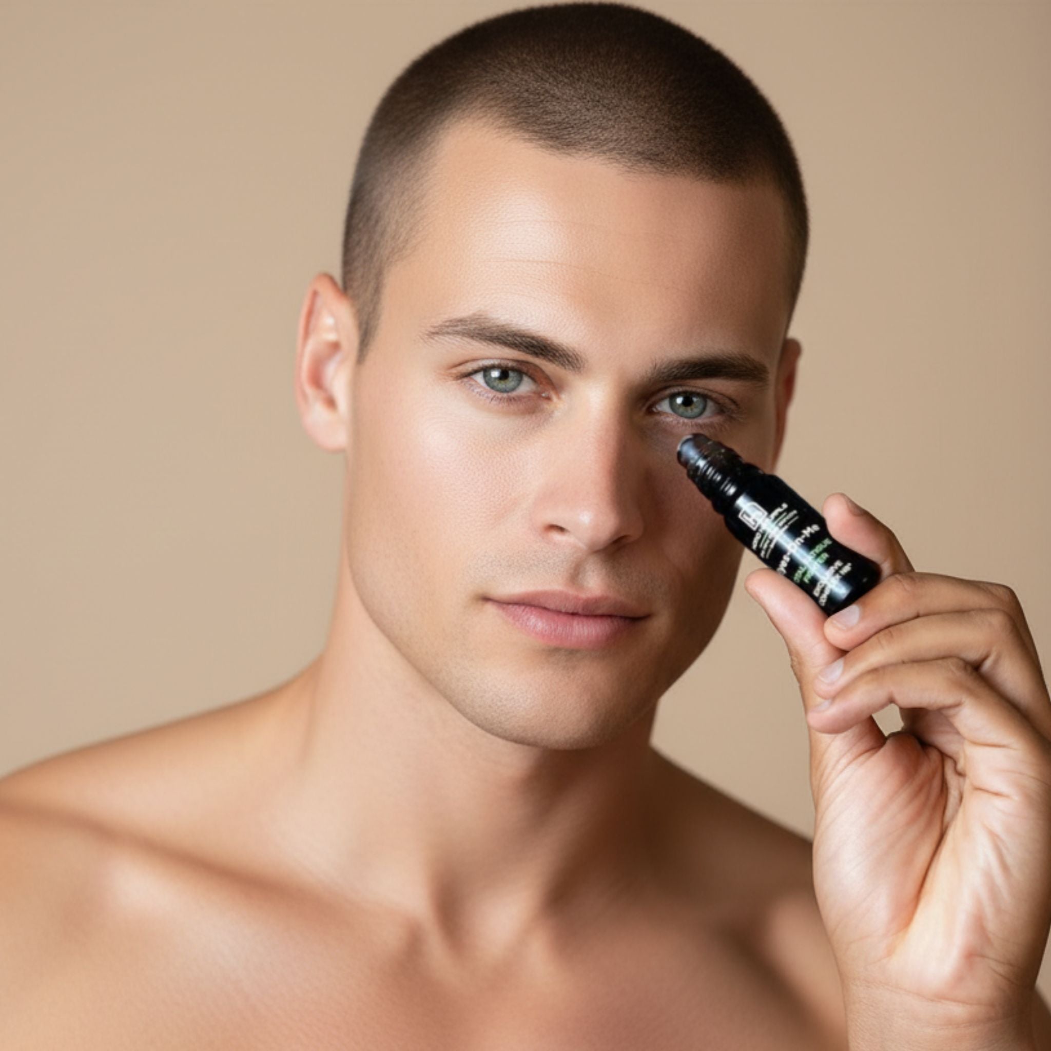 Hombre aplicando Eyes-On-Me de Homo Naturals sobre el contorno de los ojos para ayudar a refrescar la mirada y mejorar el aspecto de bolsas y ojeras. Roll-on natural con efecto frío formulado para el contorno de ojos del hombre.