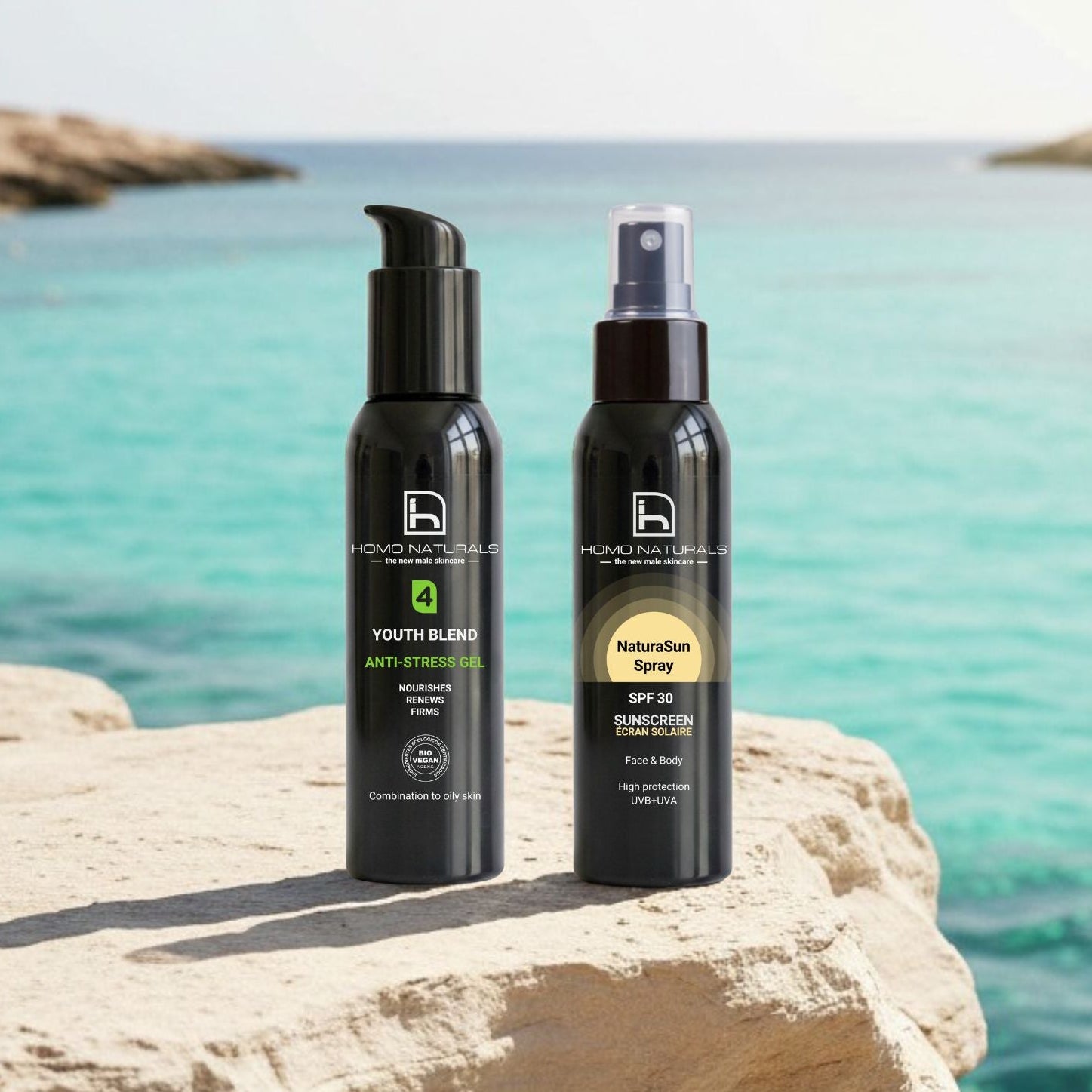 Kit de cuidado facial para la piel del hombre compuesto de gel o crema anteidad según el tipo de piel y de protector solar en spray sin rastro blanco.