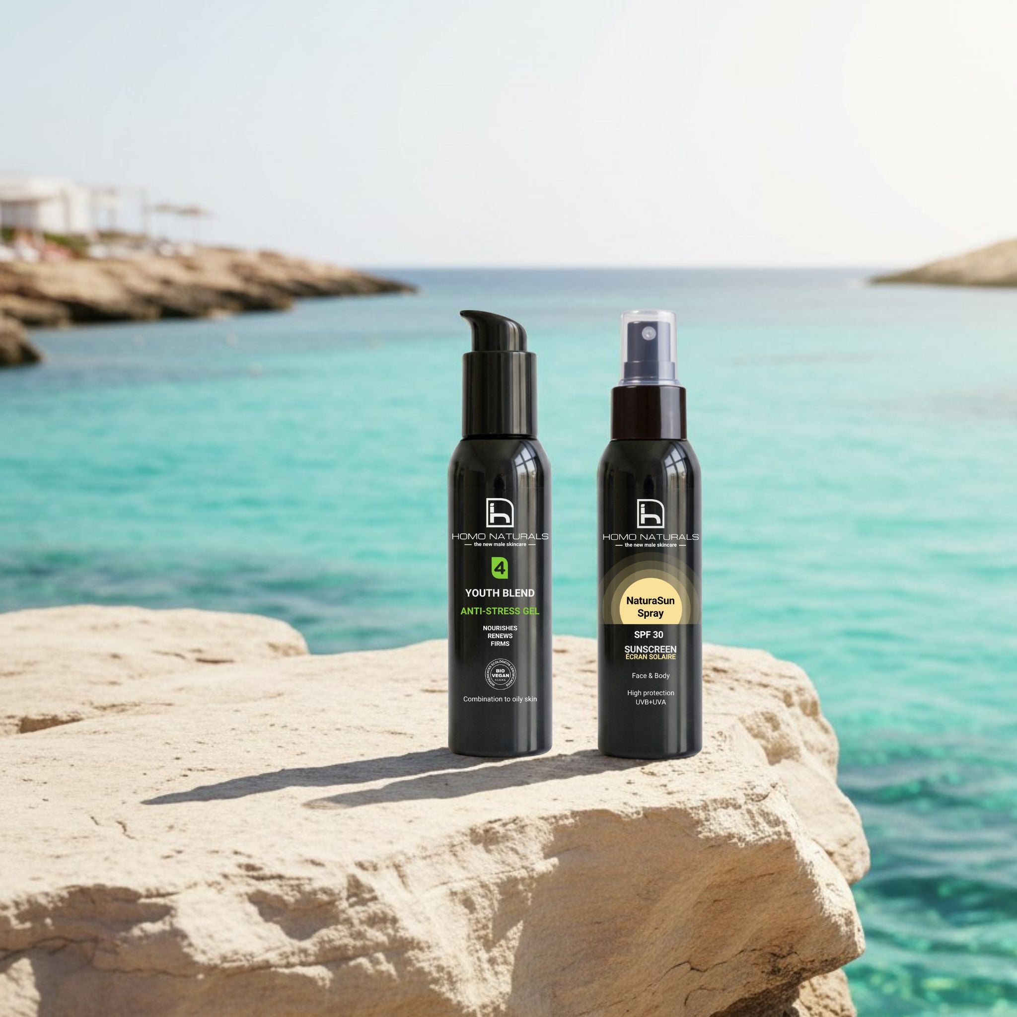 Kit de cuidado facial para la piel del hombre compuesto de gel o crema anteidad según el tipo de piel y de protector solar en spray sin rastro blanco.