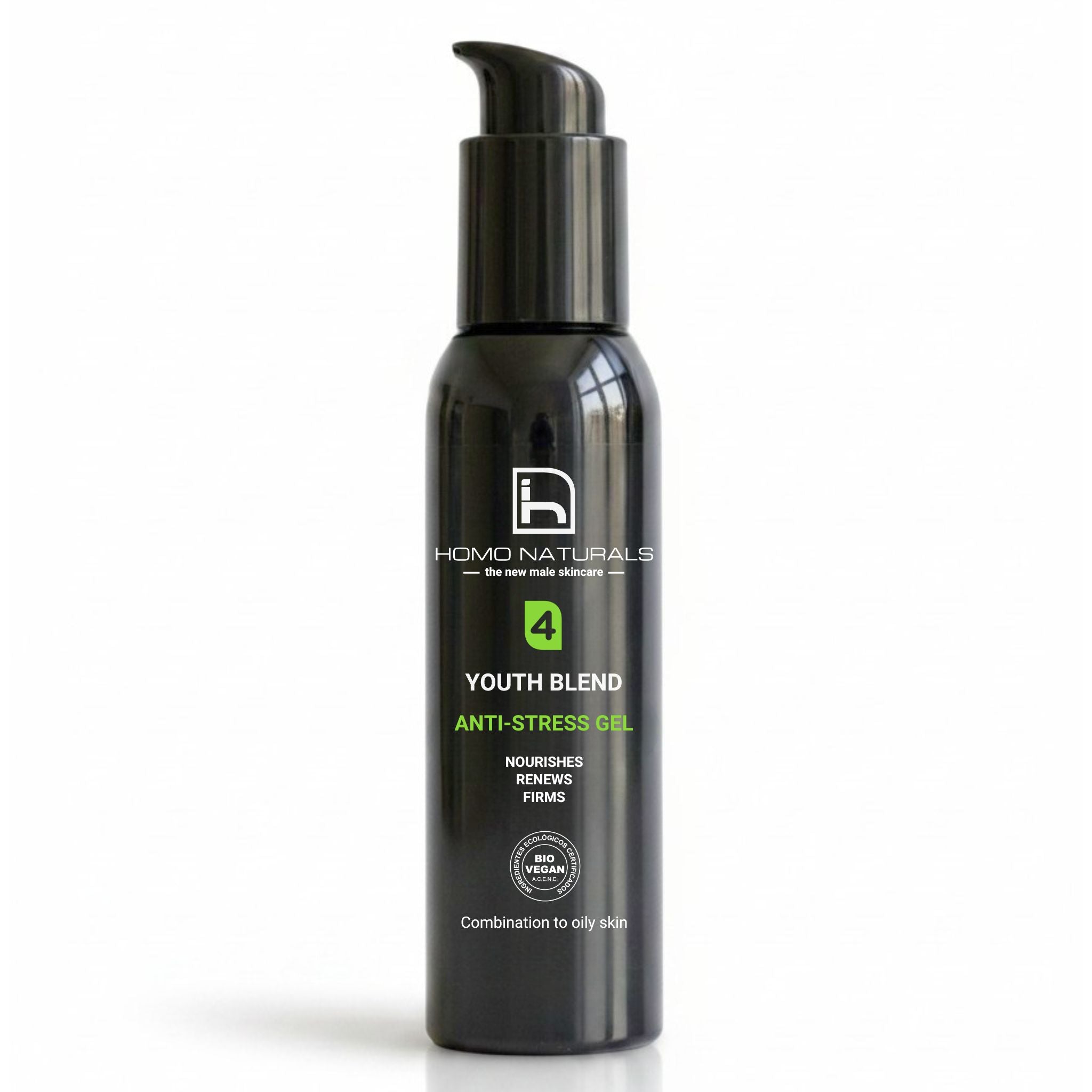 Gel antiedad para hombre de Homo Naturals, formulado con Bakuchiol y ácido hialurónico para hidratar sin sensación grasa.