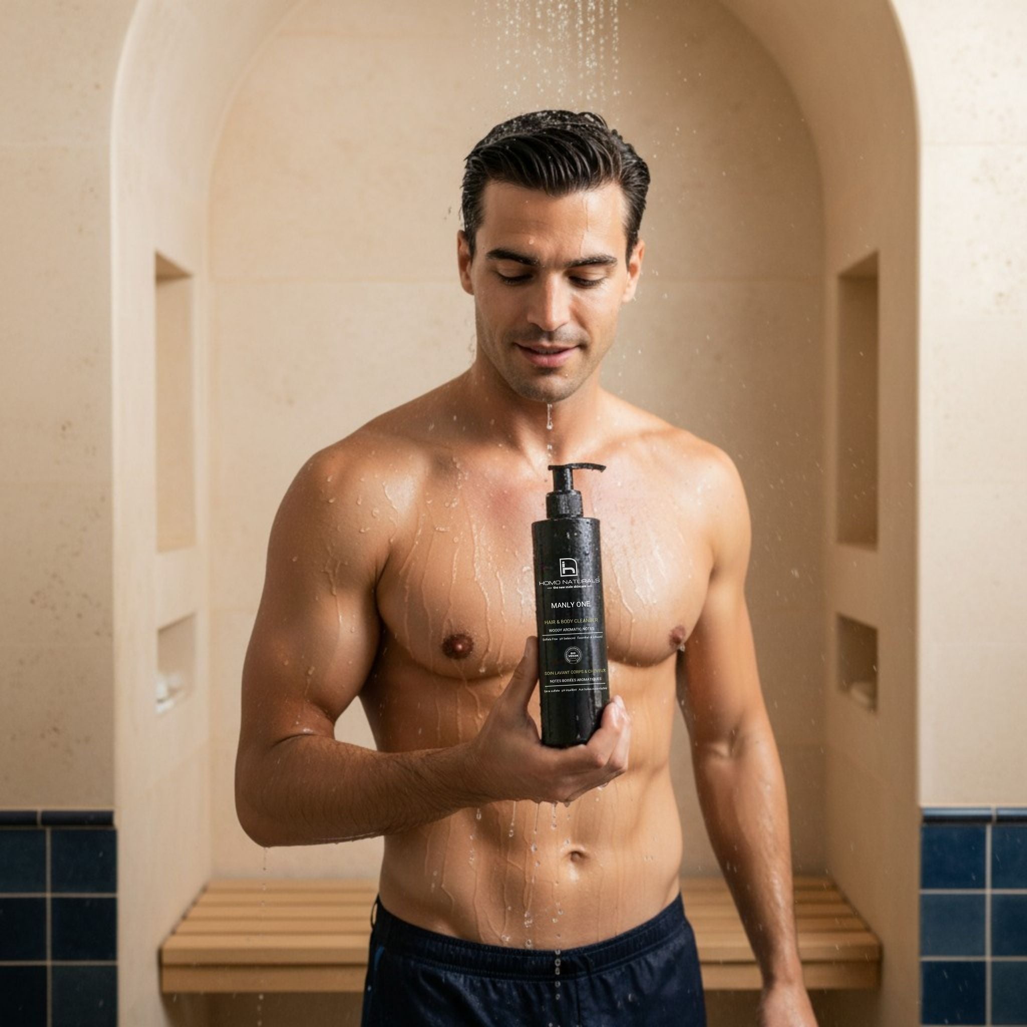 Hombre mostrando el gel de ducha para hombre Manly One de Homo Naturals, sin sulfatos, diseñado para la higiene diaria de la piel y el cabello. Apto para piel sensible. 100% natural, con certificación ecológica y vegana.