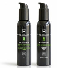 Kit de cuidado facial de Homo Naturals compuesto de limpiador facial y crema antiarrugas para hombre. Productos premium y 100% naturales formulados para la piel del hombre. Con certificación ecológica y vegana.