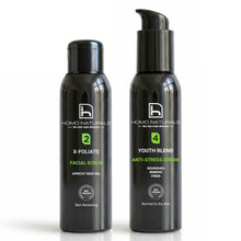 Kit de cuidado facial para hombre de Homo Naturals con exfoliante facial X-FOLIATE y crema antiedad Anti-Stress para ayudar a mantener una piel con mejor aspecto.