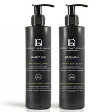 Kit de cuidado corporal para hombre de Homo Naturals con gel de ducha natural y crema corporal para limpiar e hidratar la piel en una rutina diaria completa. Productos con certificación bio + vegan.