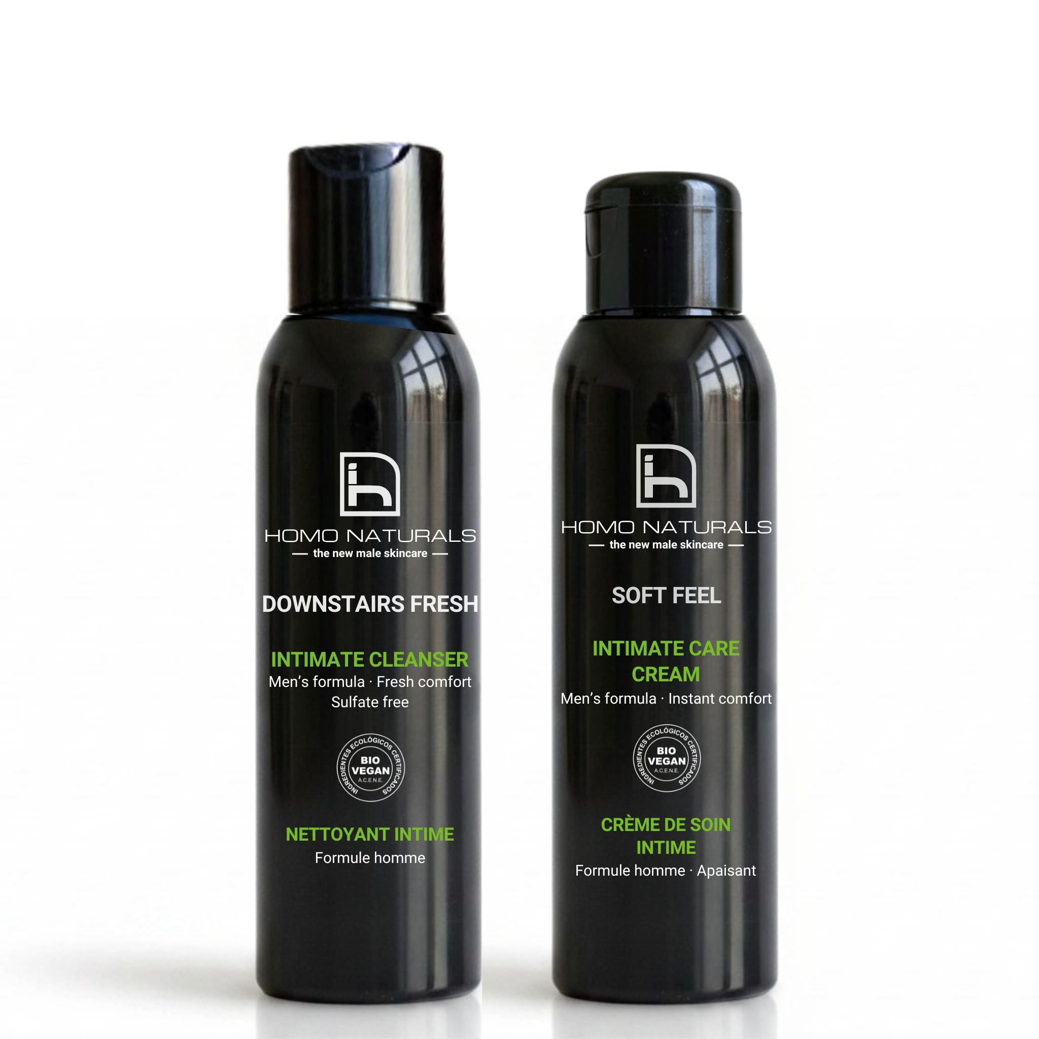 Pack de cuidado íntimo diario para hombre de Homo Naturals con jabón íntimo y crema íntima reparadora para la higiene diaria y el cuidado de la zona íntima masculina.