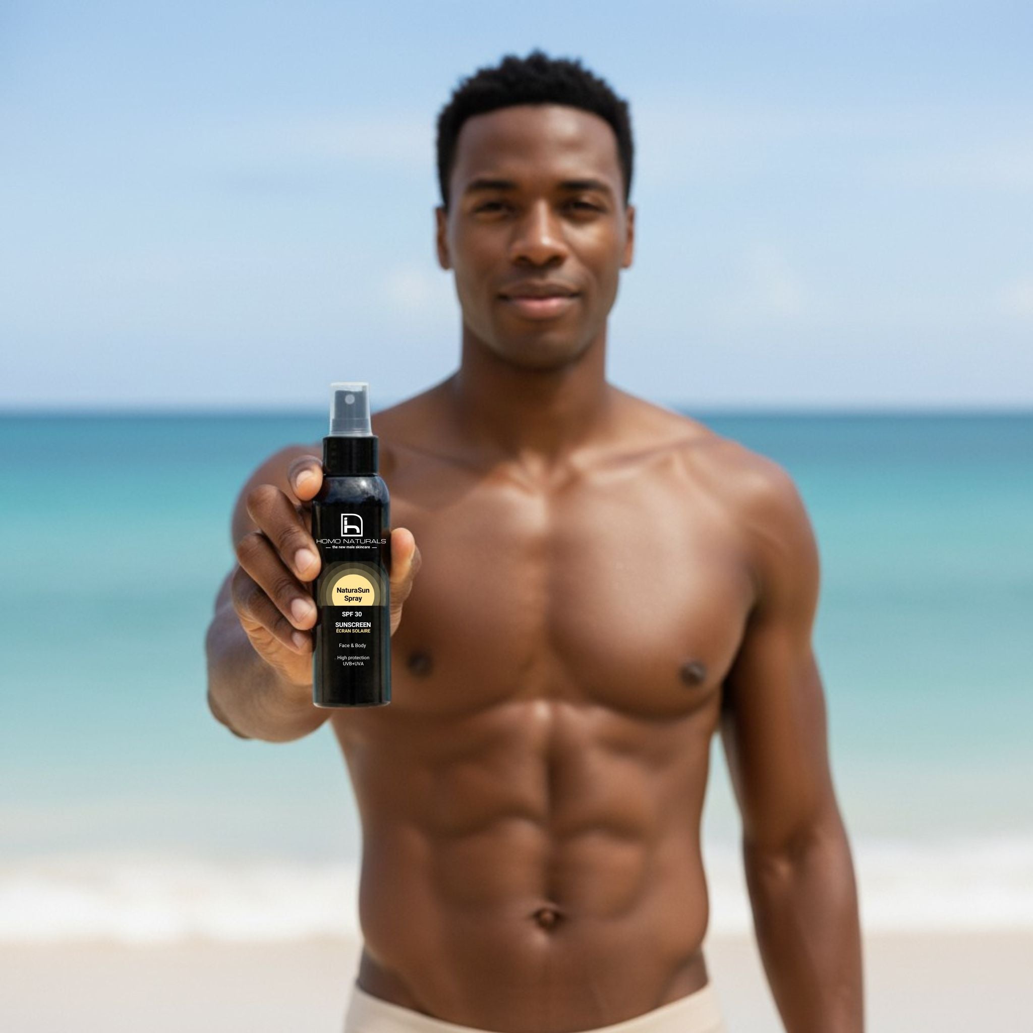 Protector solar natural en spray que no deja rastro blanco. Fórmula vegana y de rápida absoción ideal para hombres que buscan un protector solar natural y fácil de aplicar. SPF30. Filtro físico + químico.