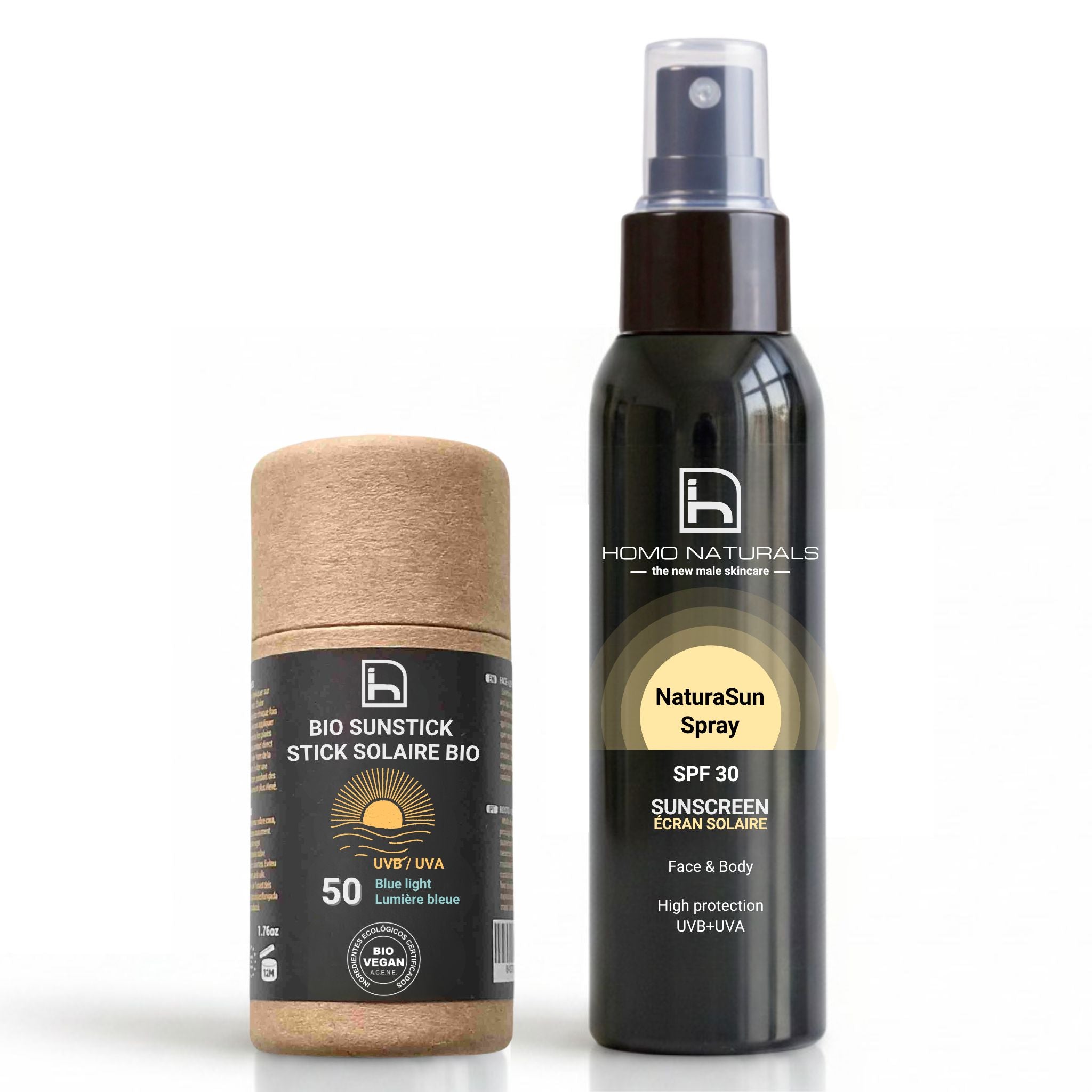 Kit de 2 protectores solares para hombre. Uno en stick biodegradable SPF50 solo con filtro mineral. No deja rastro blanco porque contiene pigmentos de color universal. Ideal para rostro, labios y zonas sensibles localizadas. Con certificación Bio + Vegan. El otro es un protector solar en spray SPF30. Textura ligera y rápida absorción. No deja rastro blanco. Combina filtro mineral + fitro químico. Con certificación vegana. Rostro + cuerpo.