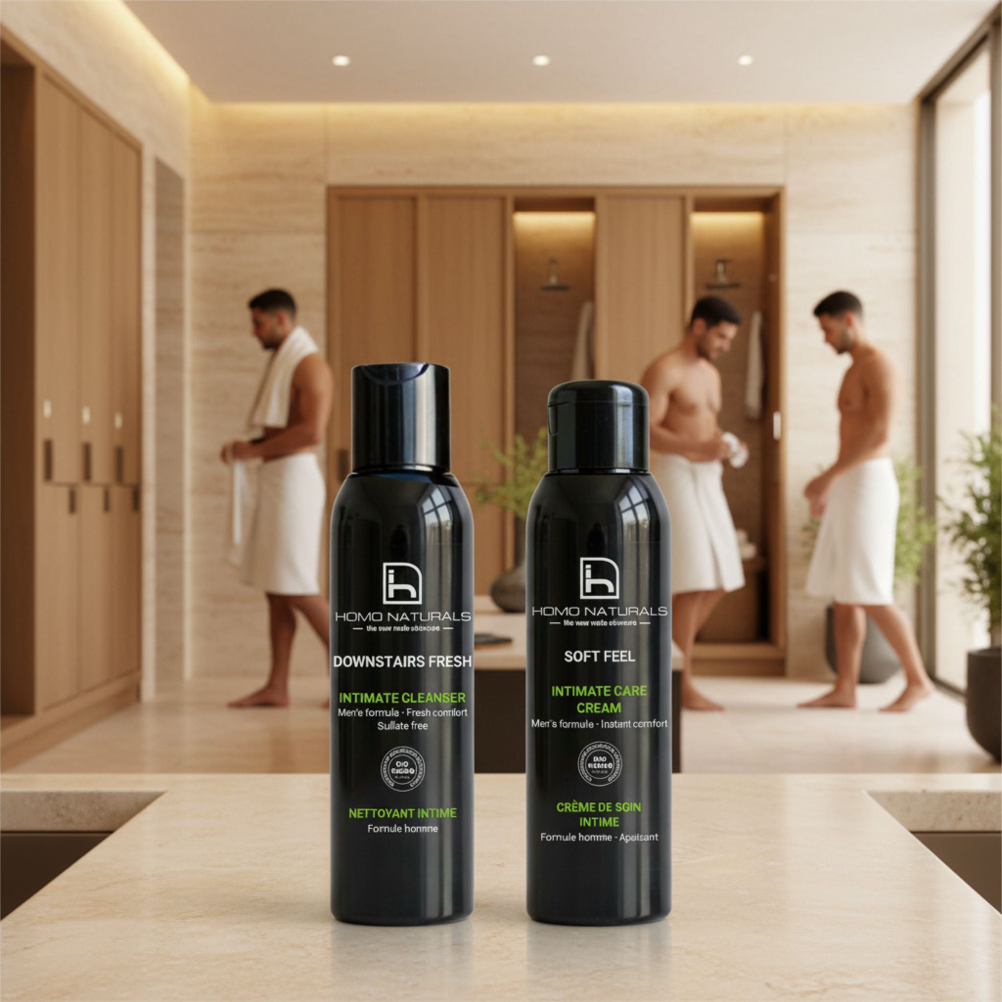 Pack de cuidado íntimo diario de Homo Naturals con jabón íntimo y crema íntima para hombre, diseñado para una rutina diaria de higiene y confort de la zona íntima masculina.