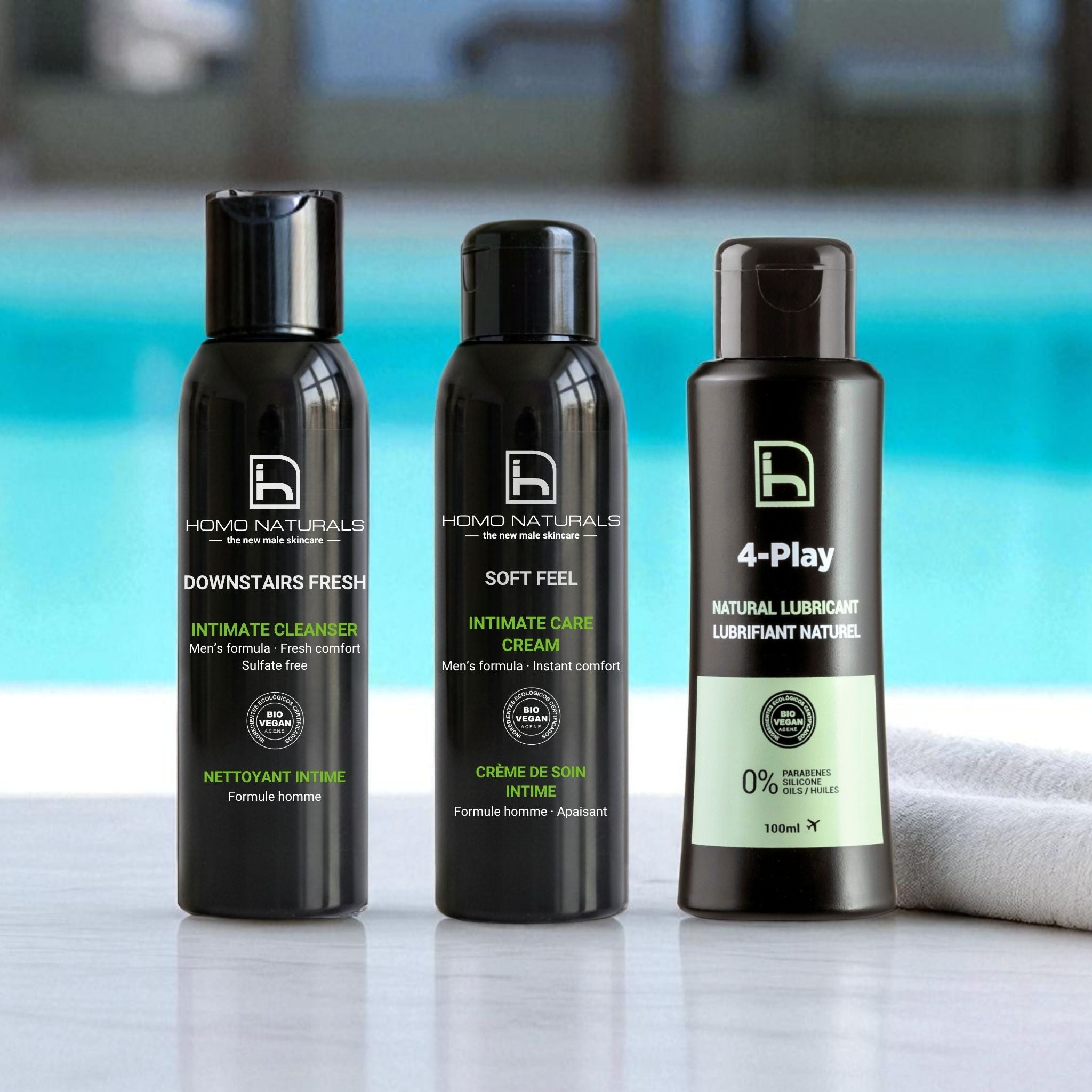 Pack de cuidado íntimo completo de Homo Naturals con jabón íntimo, crema íntima y lubricante natural para hombre, diseñado para una rutina de higiene íntima y cuidado diario de la zona íntima masculina.