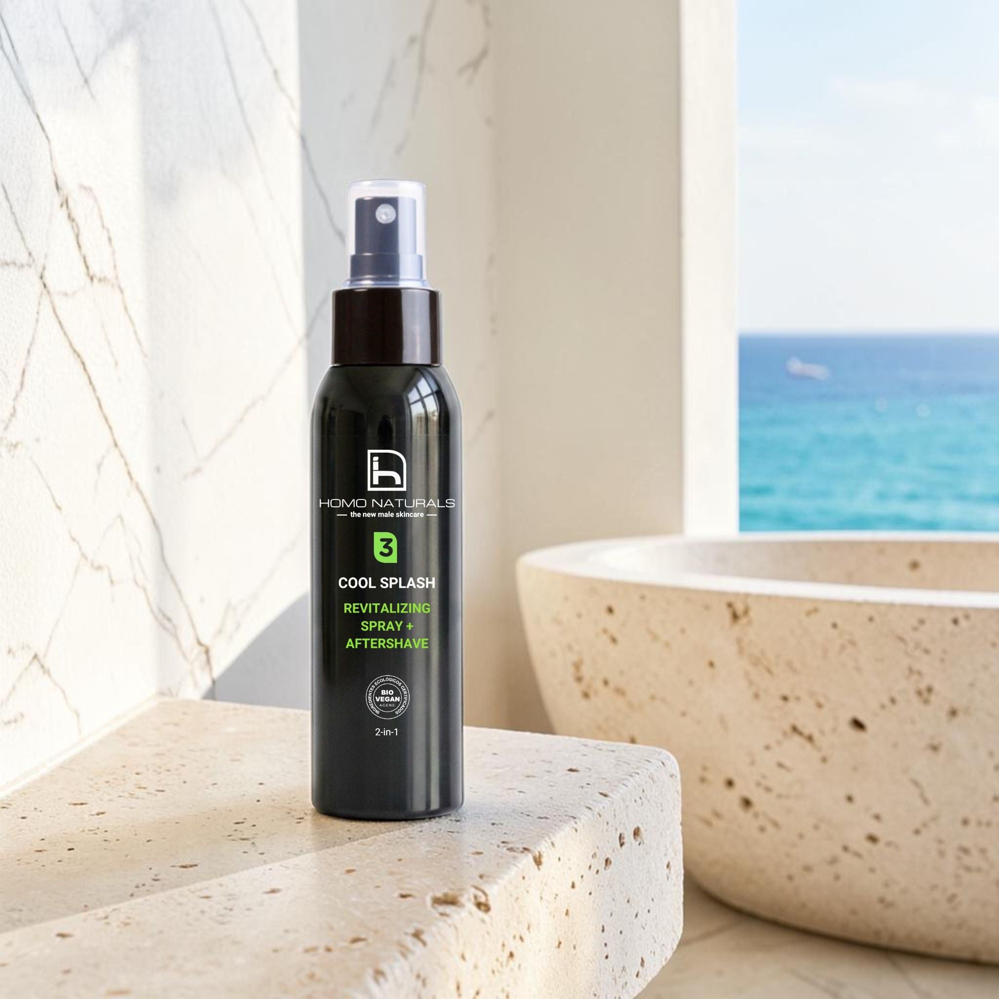 Tónico facial y after-shave 2 en 1 para revitalizar y refrescar la piel del hombre. Cool Splash de la marca Homo Naturals. Sin alcohol. Con activos calmantes y revitalizantes. Seborregulador. Oil-free.