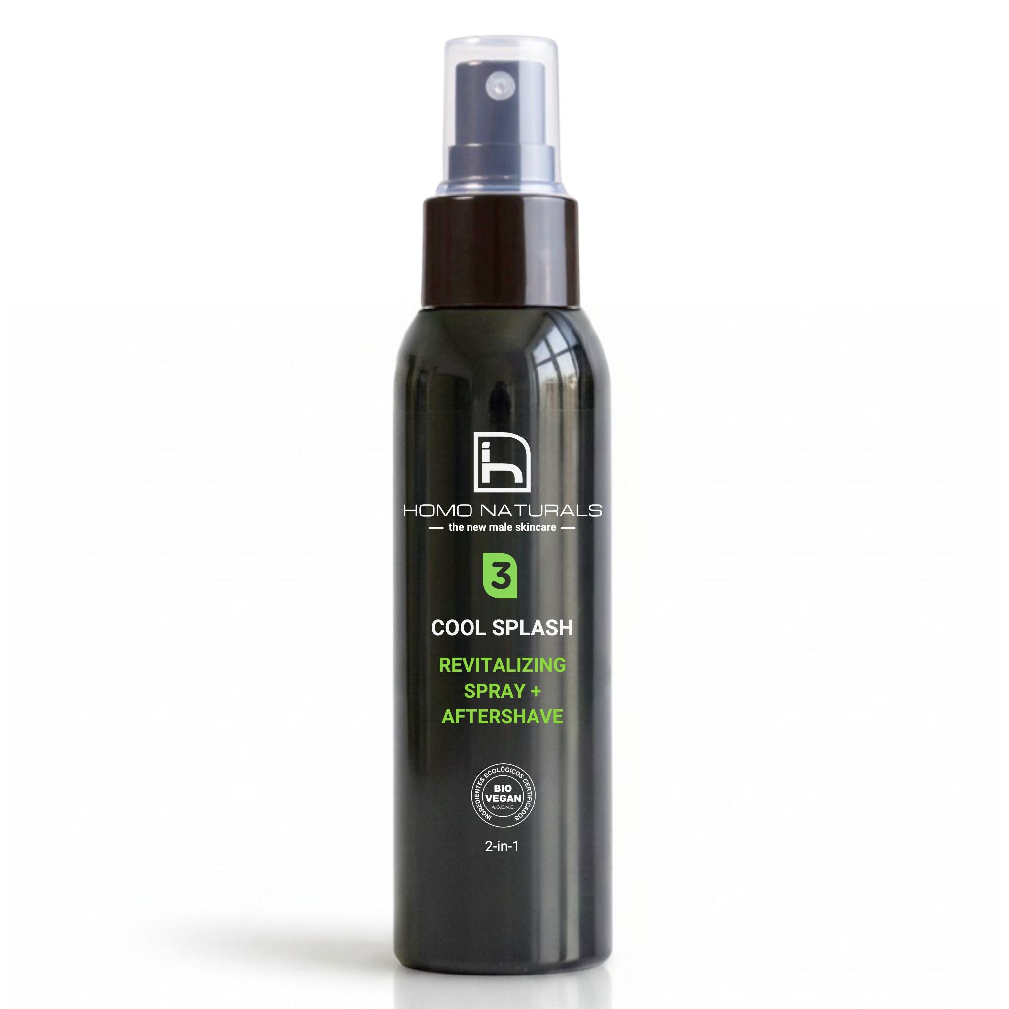 Cool Splash de Homo Naturals, tónico facial y after-shave 2 en 1 para la piel del hombre, formulado para refrescar, tonificar y calmar la piel después del afeitado. Sin alcohol. Certificado bio + vegan.